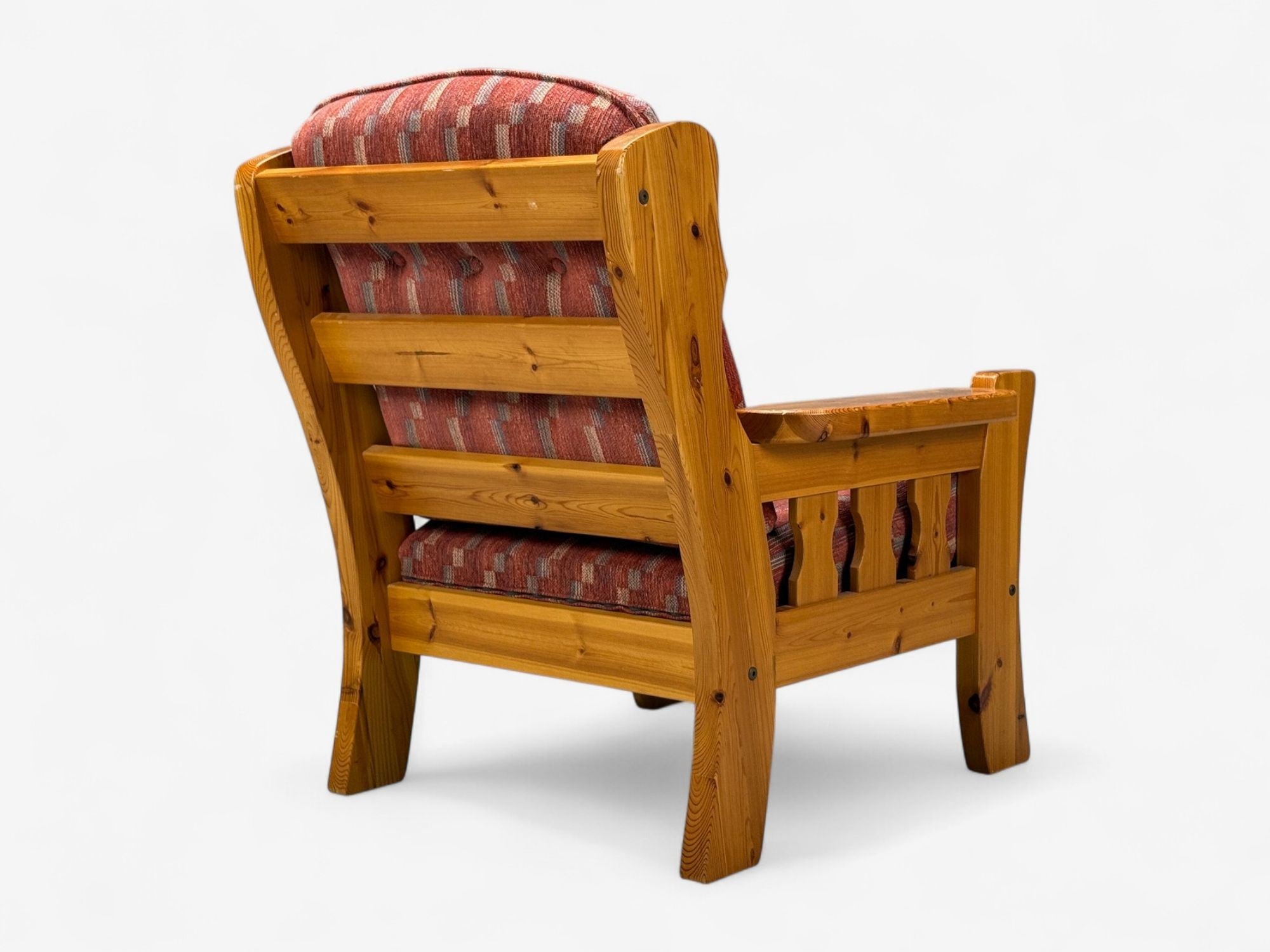 Swedish Modern, Pine, Red Fabric, Brutalist Lounge Chairs, Sweden, 1950s