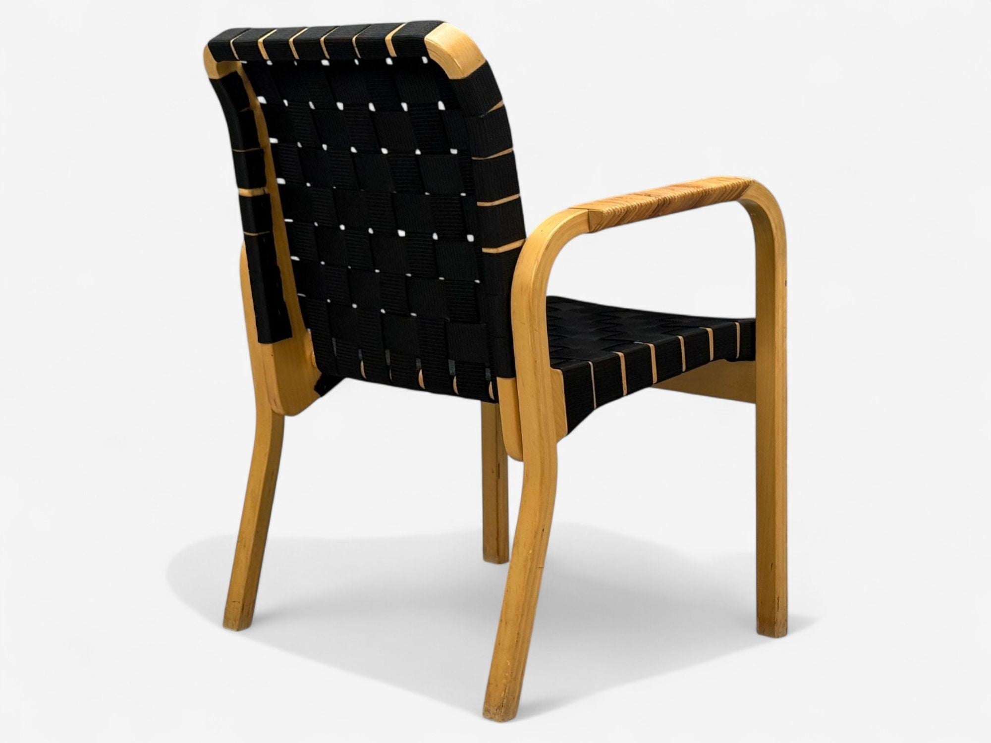 Alvar Aalto, Birch, Rattan, Black Linen Webbing, Armchairs, Finland, 1980s