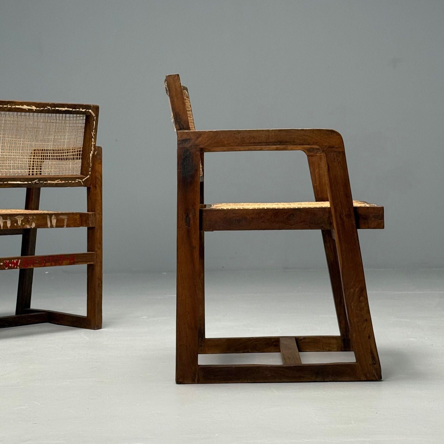 Pierre Jeanneret, French Mid-Century Modern, 12 Box Dining Chairs, Teak, Cane