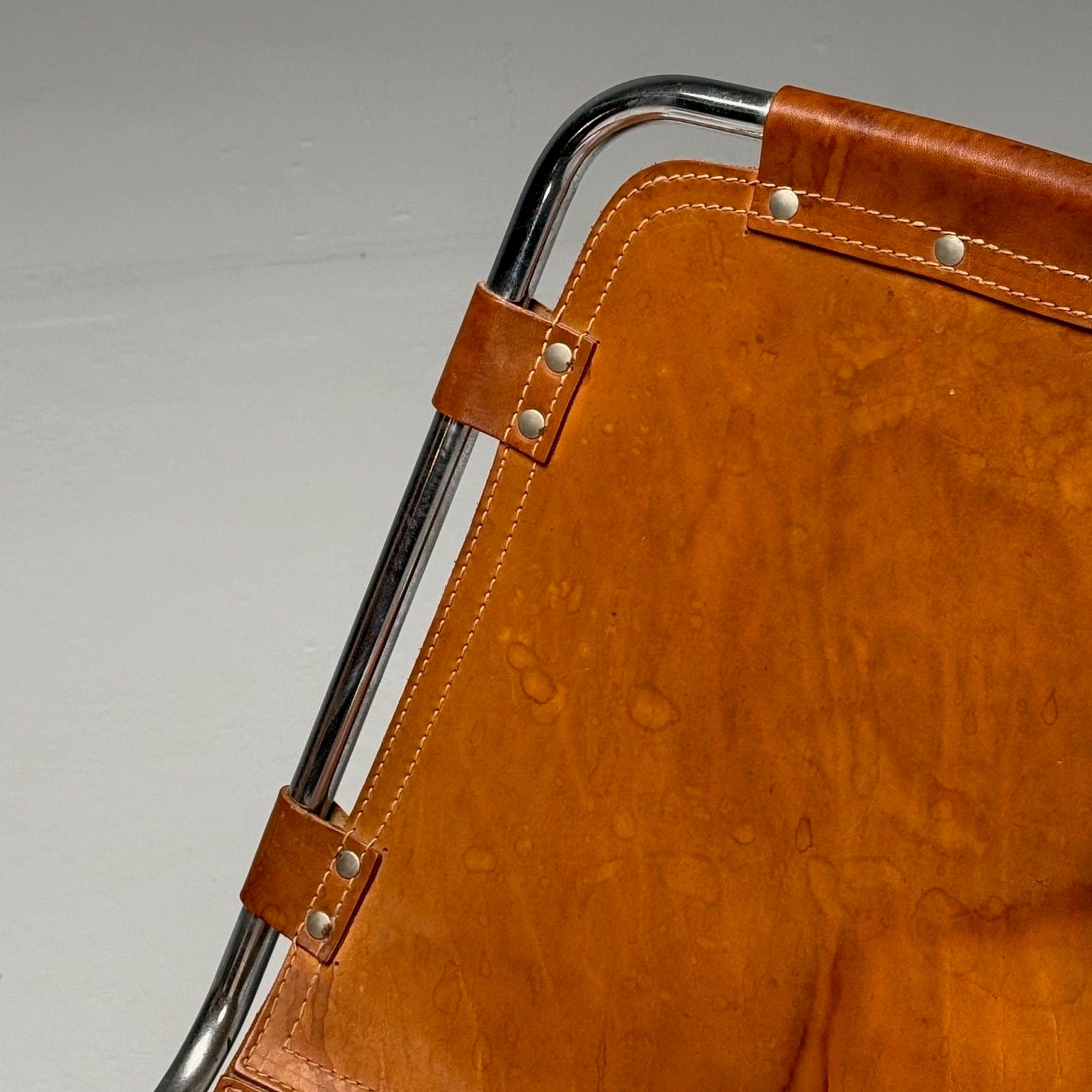 Charlotte Perriand, French Mid-Century Modern, Dining Chairs, Distressed Leather