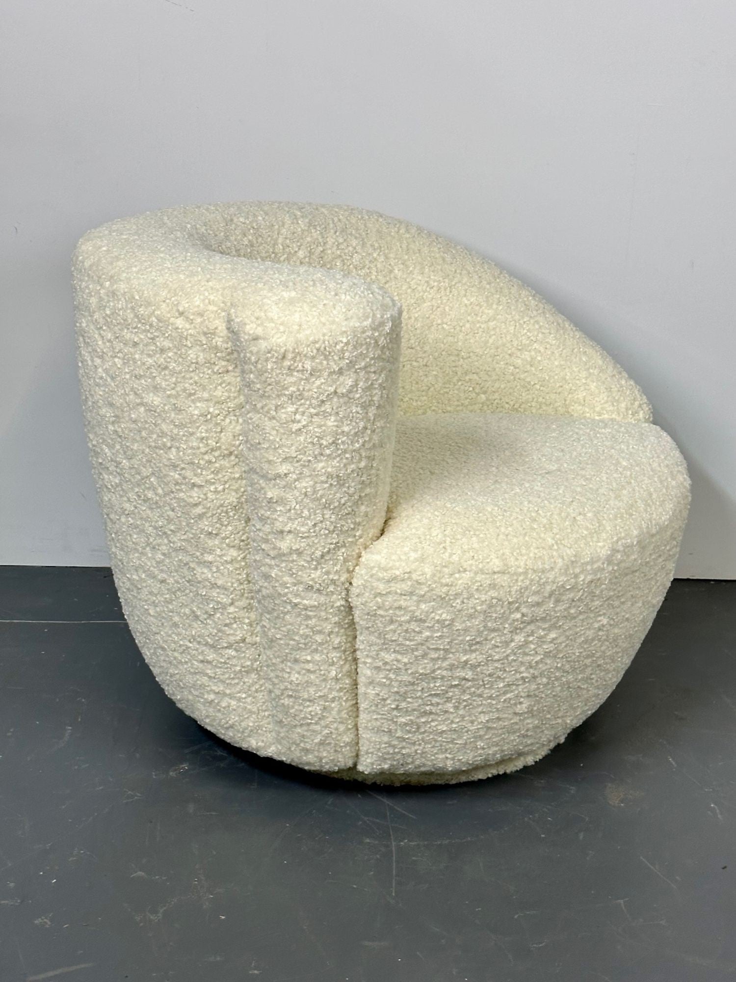 Mid-Century Modern Nautilus Style Swivel Chairs, Kidney-Shape, White Boucle