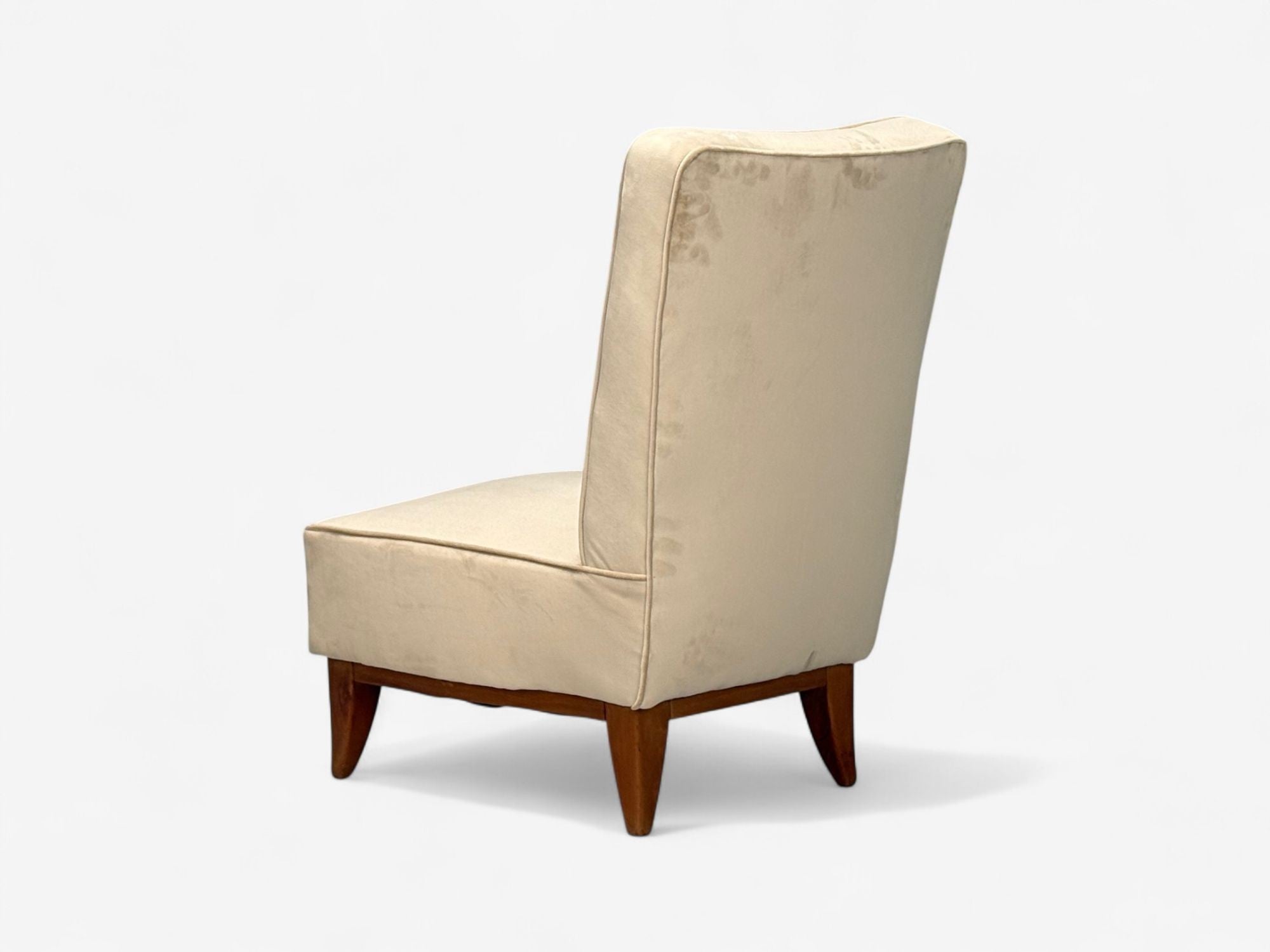 Guglielmo Pecorini, Stained Wood, Beige Velvet, Low Lounge Chair, Italy, 1950s