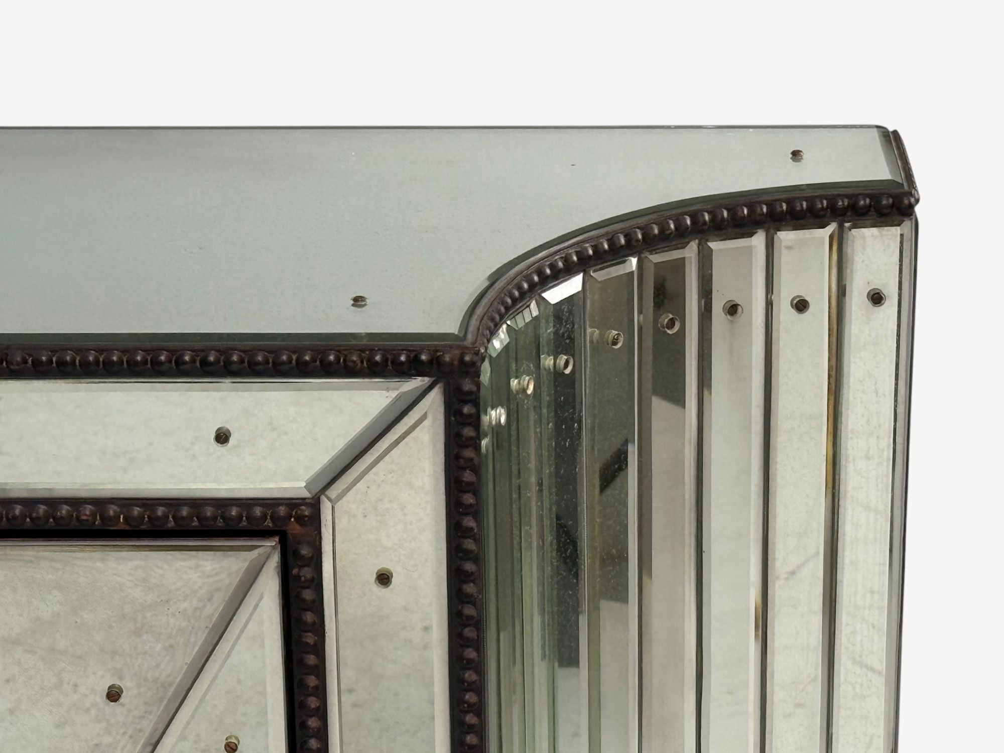 Art Deco Style, Antique Glass, Painted Wood, Concave Mirrored Cabinets