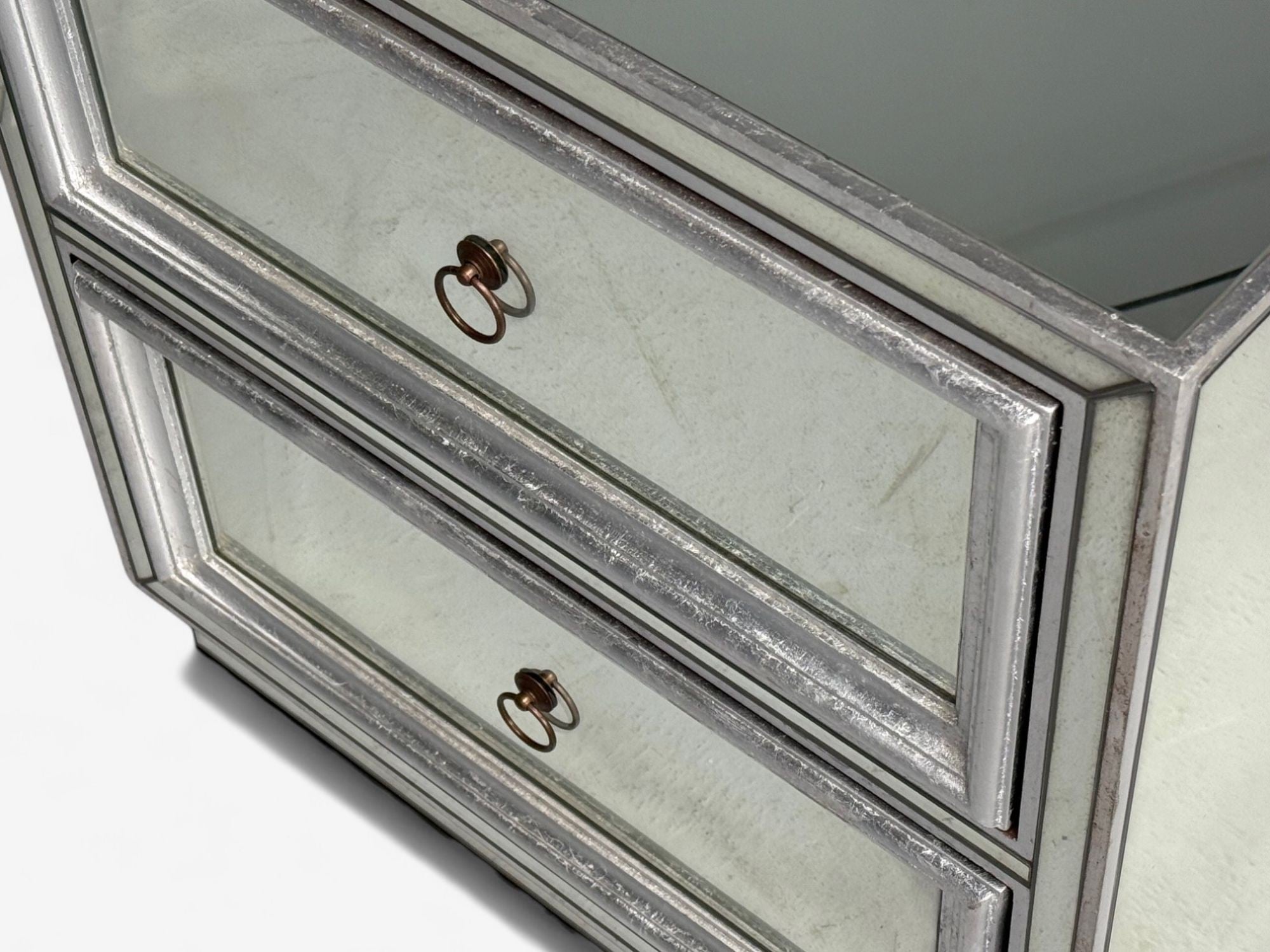 Hollywood Regency Style, Silver Leaf, Distressed Glass, Mirrored Nightstands