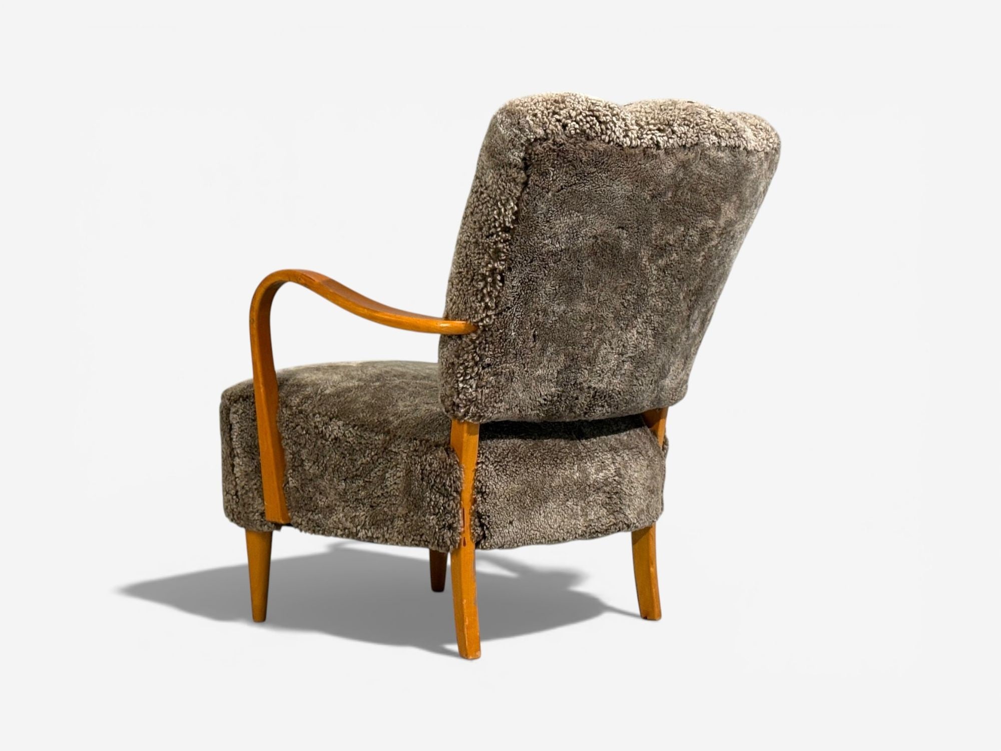 Swedish Modern, Lounge Chairs, Elm, Gray Shearling, Sweden, 1940s