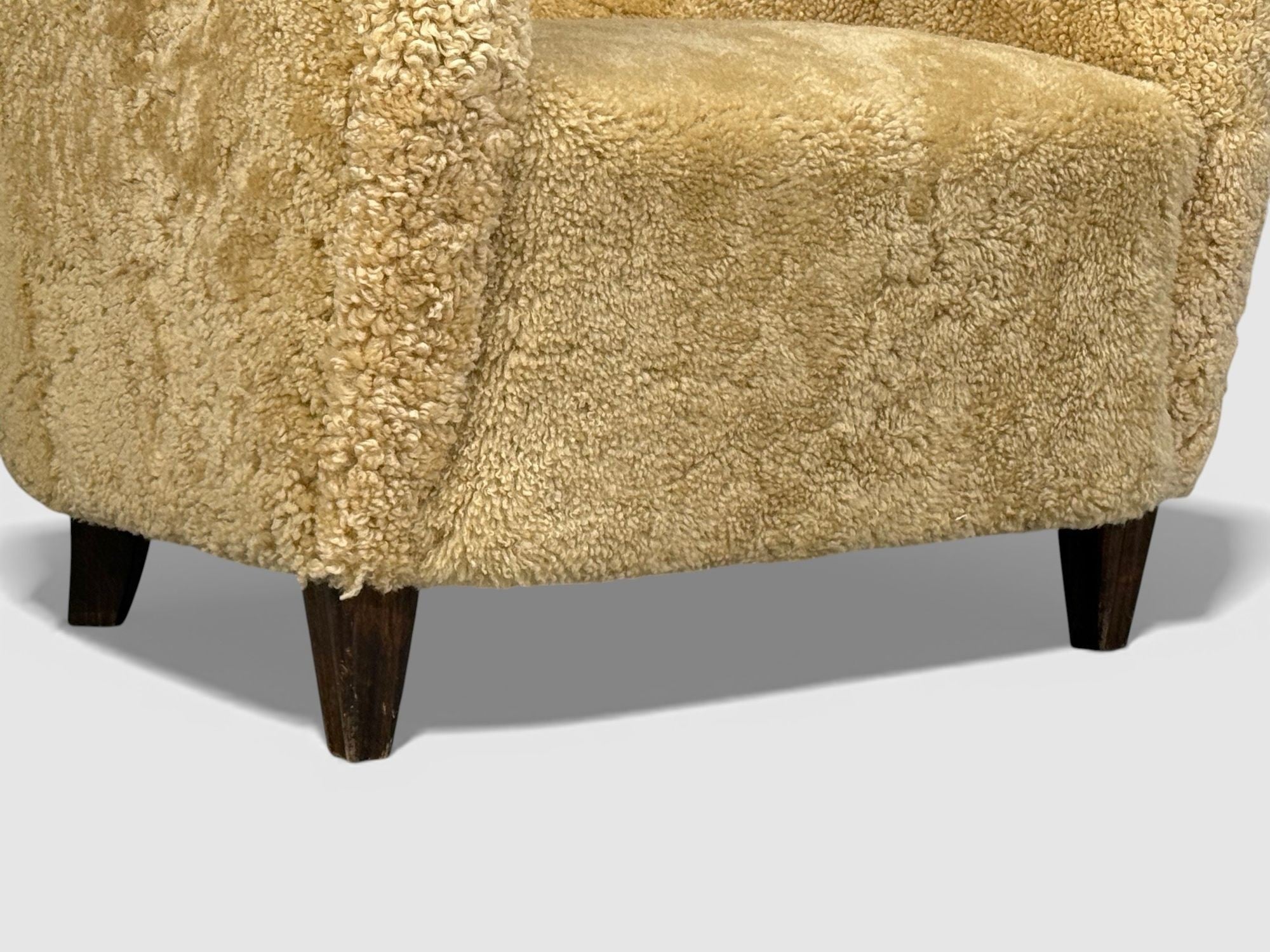 Swedish Modern, Organic Lounge Chairs, Shearling, Wood, Sweden, 1940s