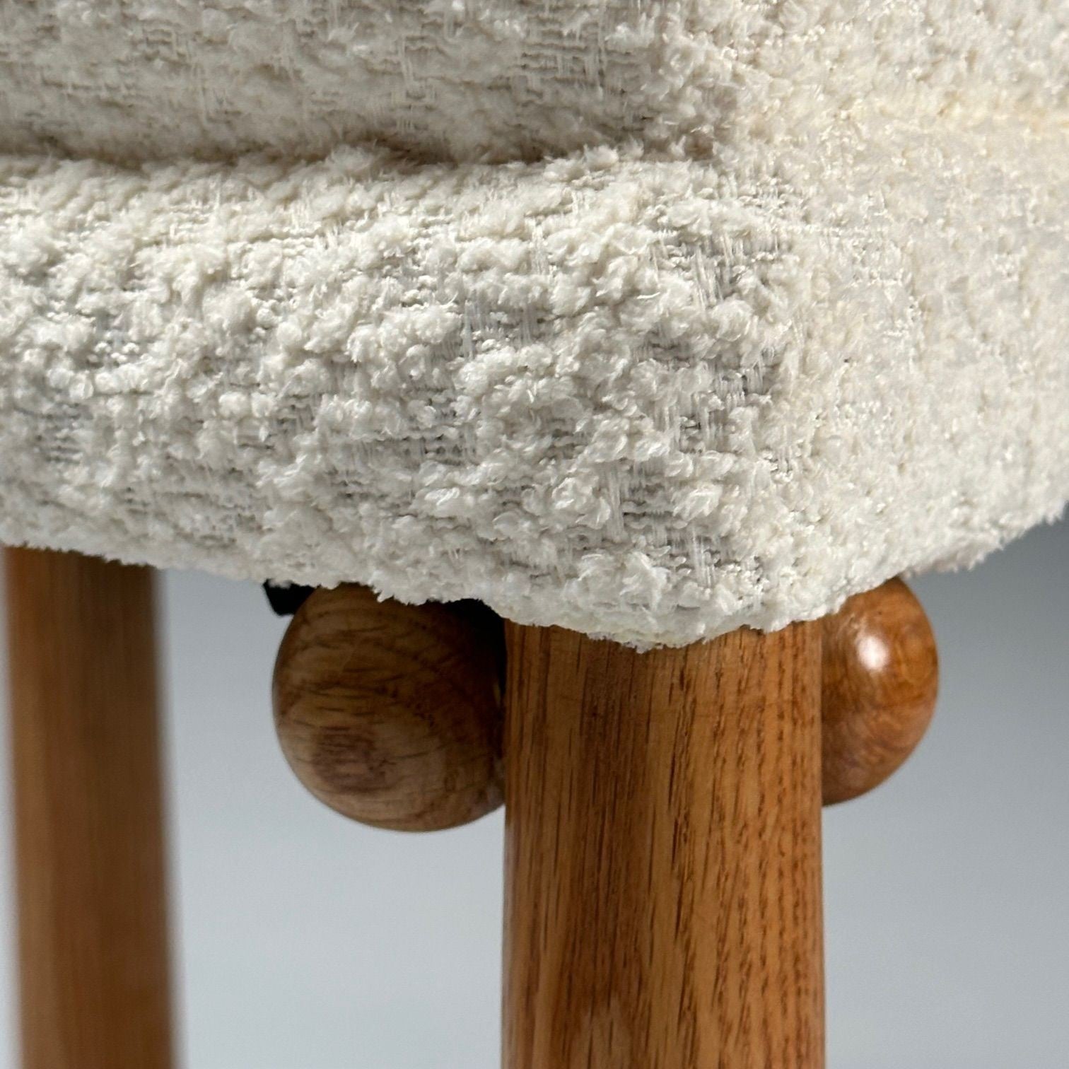 French Mid-Century Modern Style, Oak, White Boucle, Ten Dining Chairs, 21st C.