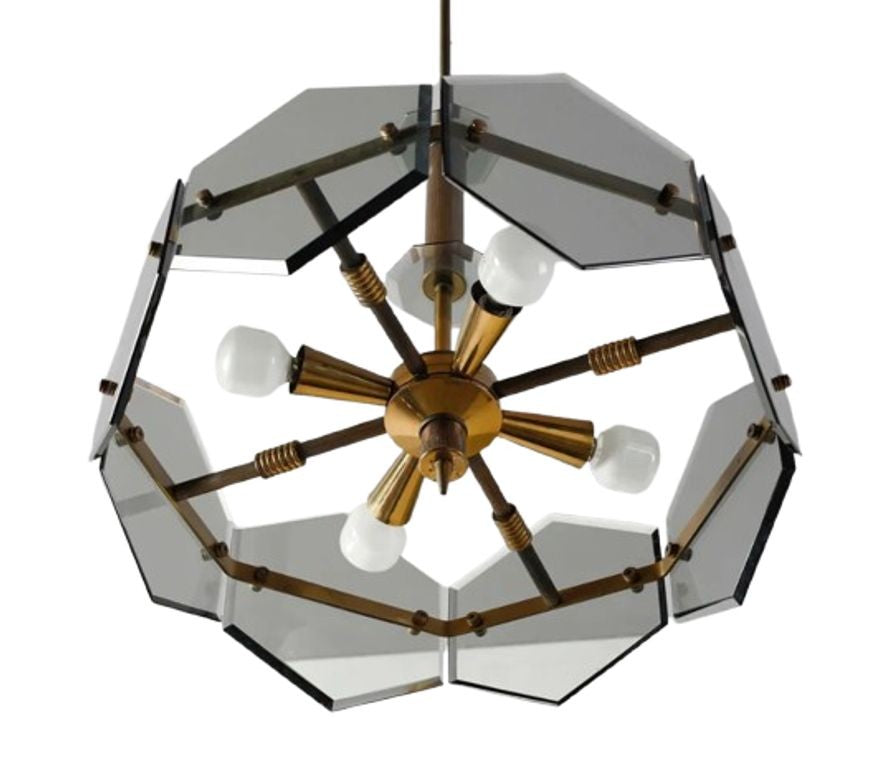 Gino Paroldo, Fontana Arte, Italian Mid-Century Modern, Chandelier, Brass, Glass