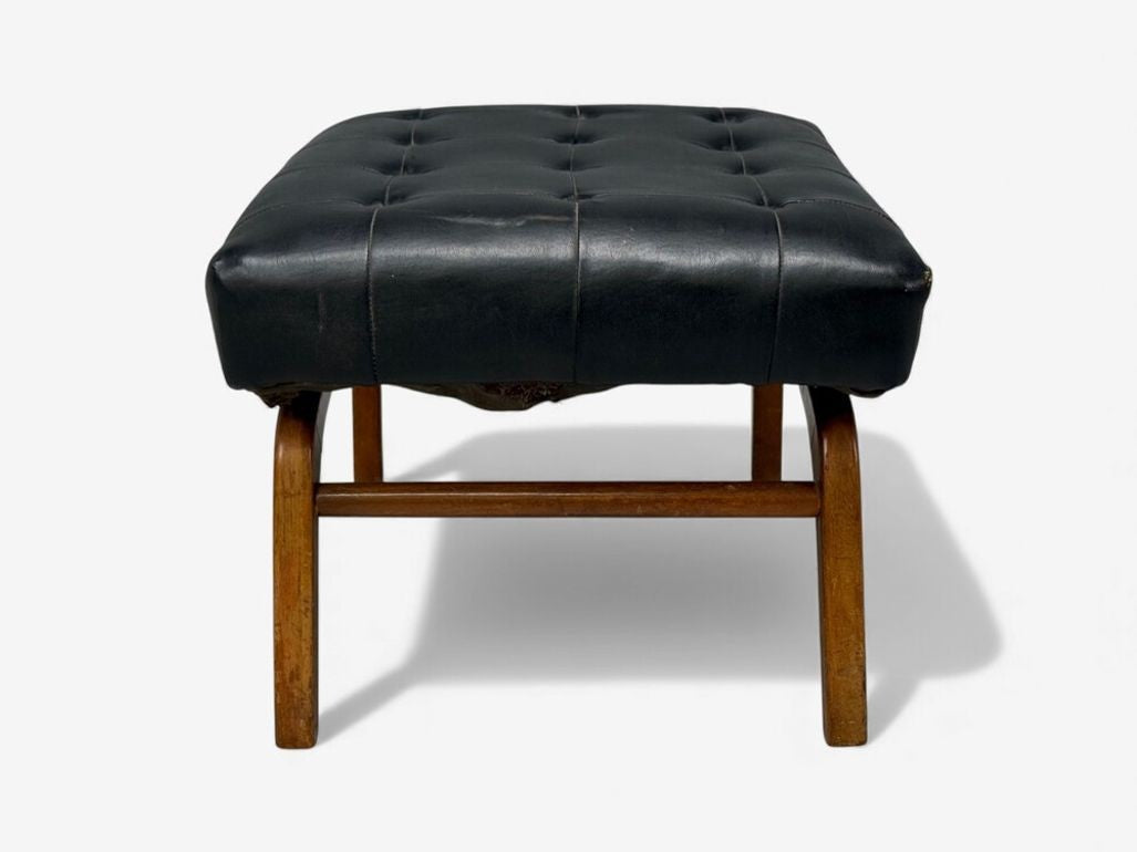 Danish Modern, Black Leatherette, Stained Wood, Footstool, Denmark, 1950s