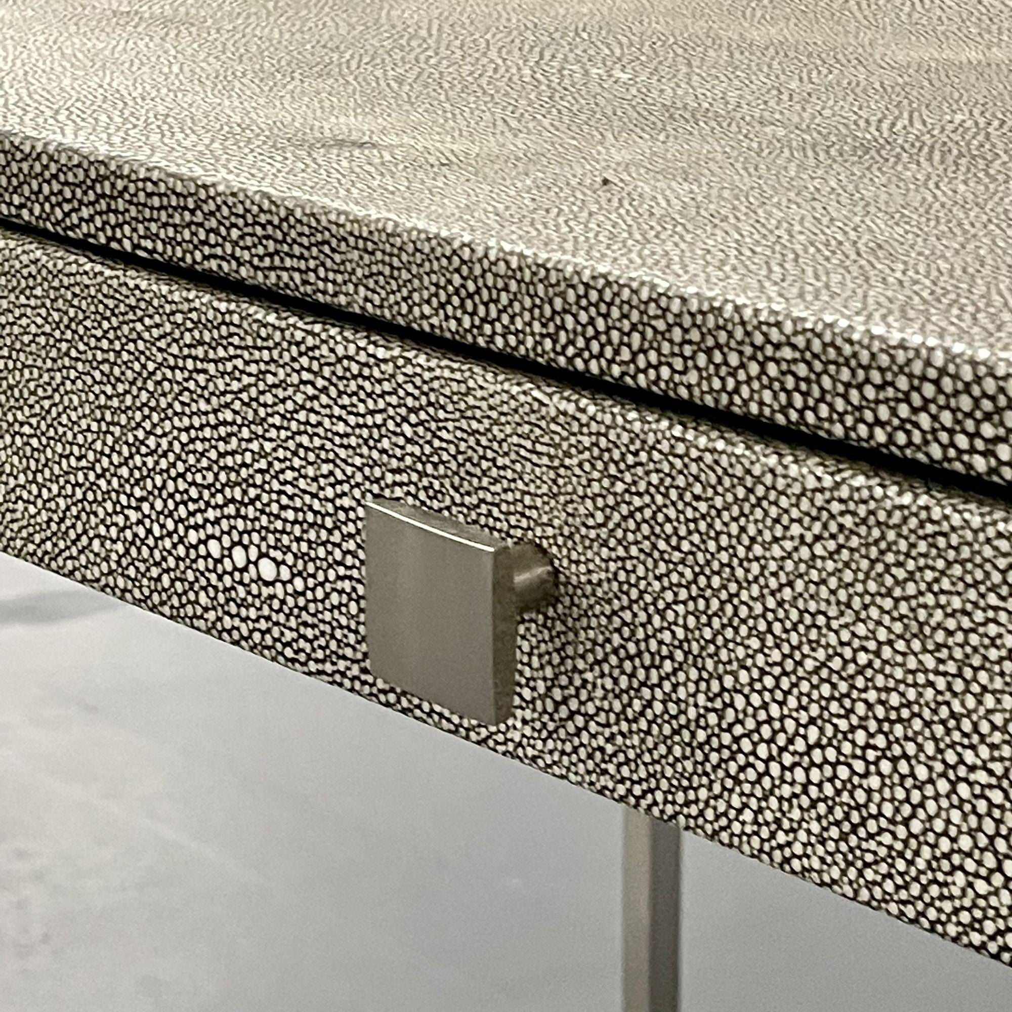 Modern Karl Springer Style Three-Drawer Faux Shagreen Desk/Writing Table, Chrome