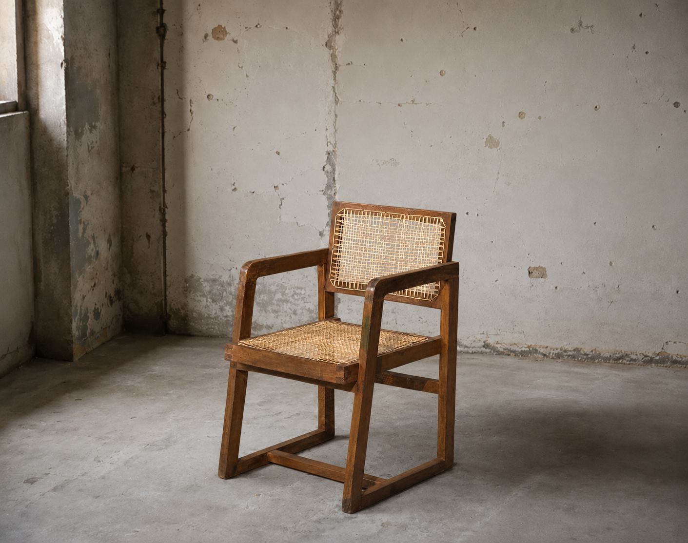 Pierre Jeanneret, 'Box' Armchair, Teak, Cane, Chandigarh, India, 1960s