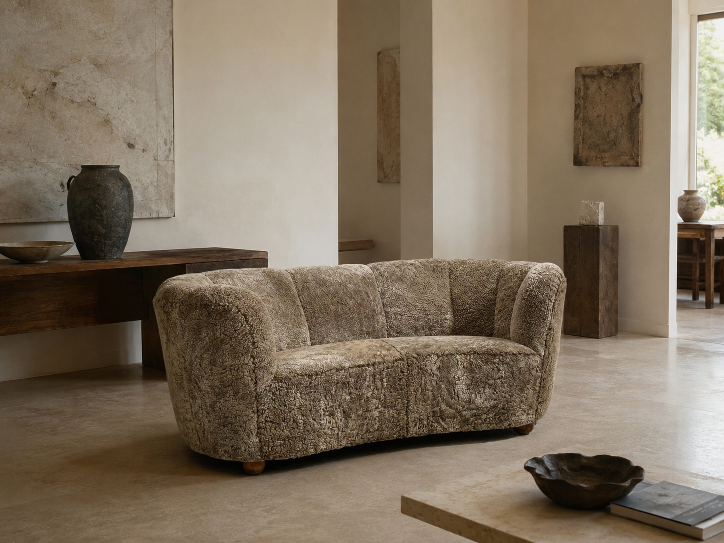 Danish Cabinetmaker, Banana Sofa, Sahara Sheepskin, Beechwood, Denmark, 1940s