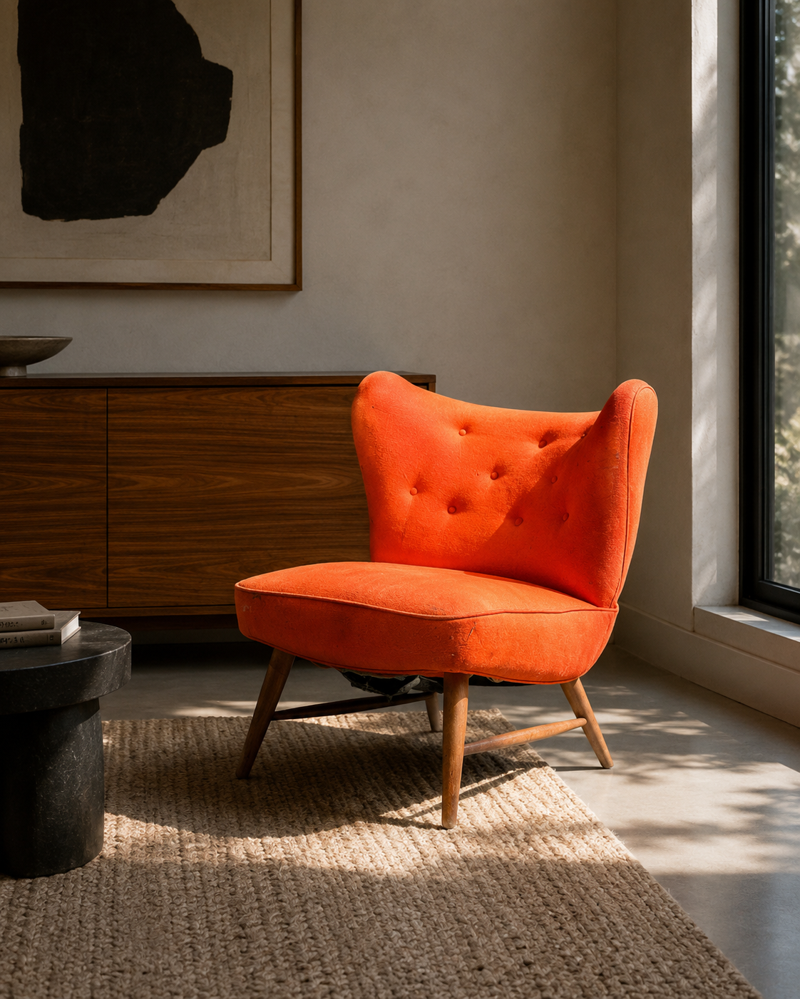 Elias Svendberg, Rare Easy Chair, Wood, Red Fabric, Sweden, 1940s