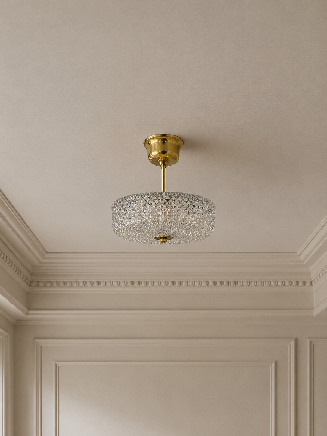 Carl Fagerlund Style, Pendant Light, Brass, Textured Glass, Sweden, 1960s