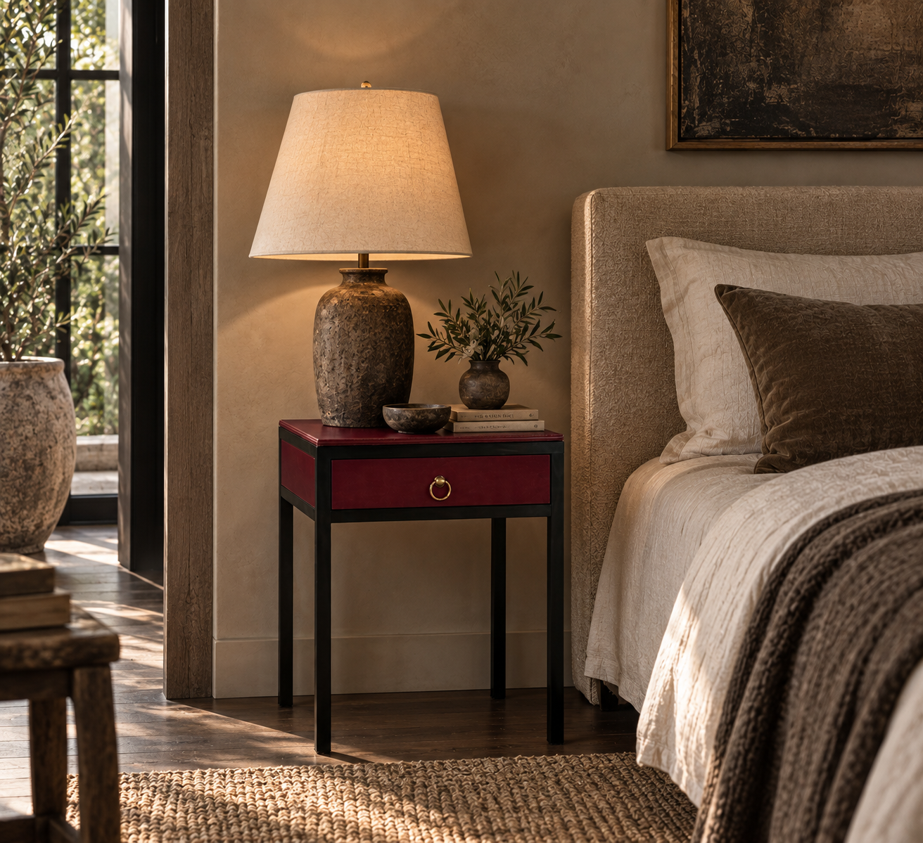 Jean-Michel Frank Style, Nightstands, Burgundy Leather, Iron