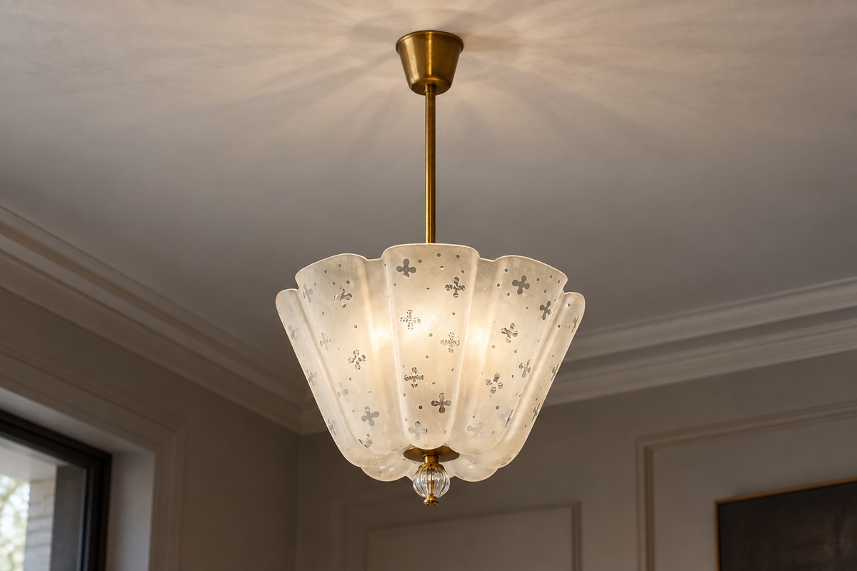 Nils Landberg, Rare Chandelier, Etched Glass, Brass, Sweden, 1940s