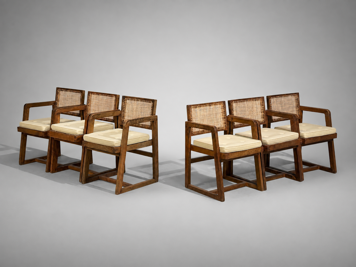 Pierre Jeanneret, Six Dining Chairs, Teak, Cane, Chandigarh, India, 1960s