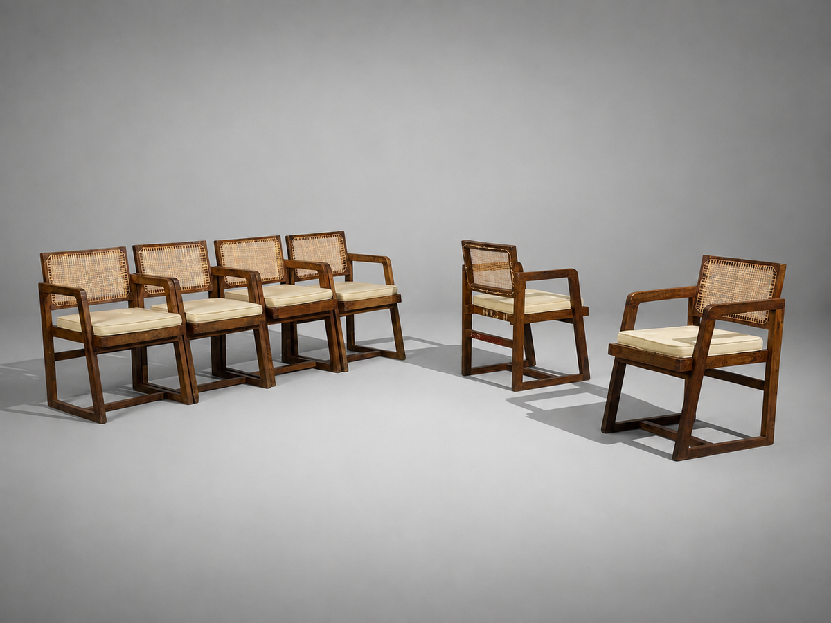 Pierre Jeanneret, Six Dining Chairs, Teak, Cane, Chandigarh, India, 1960s