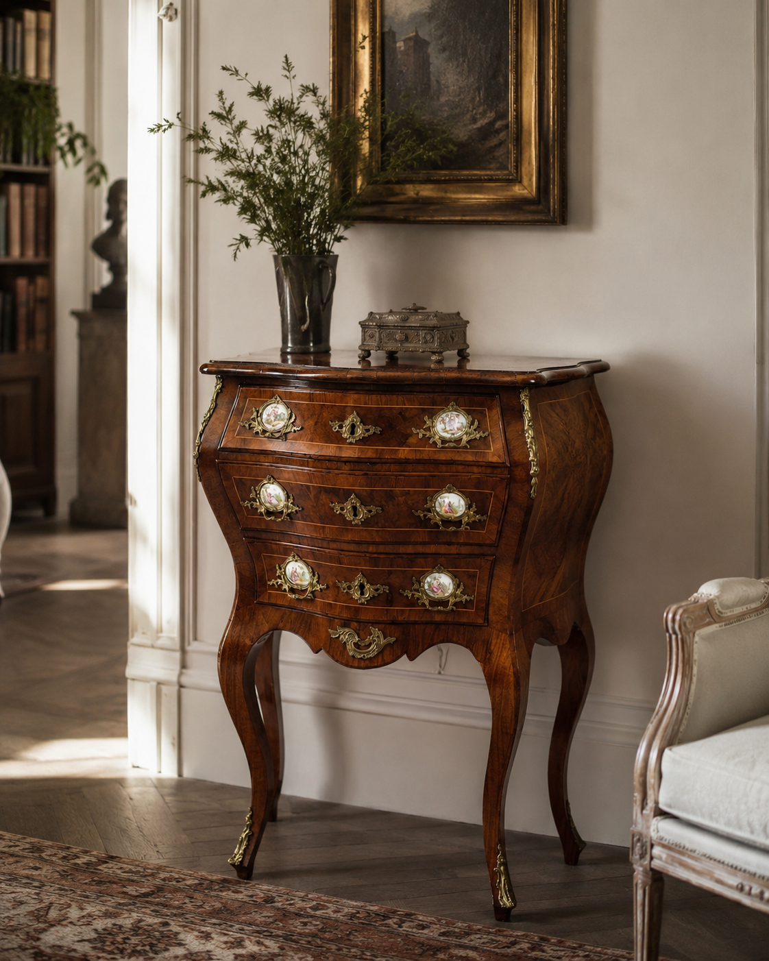 Louis XV Style, Small Bombay Chest, Walnut, Porcelain, Bronze, Austria, 19th c.
