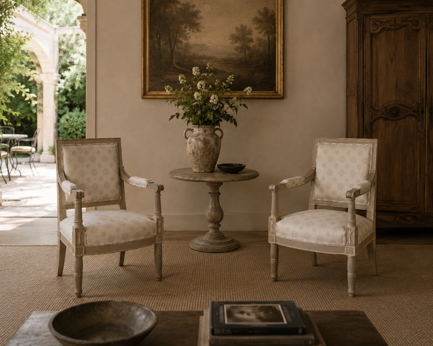 Gustavian, Lounge Chairs, Grey Paint Decorated, Fabric, Sweden, 19th c.