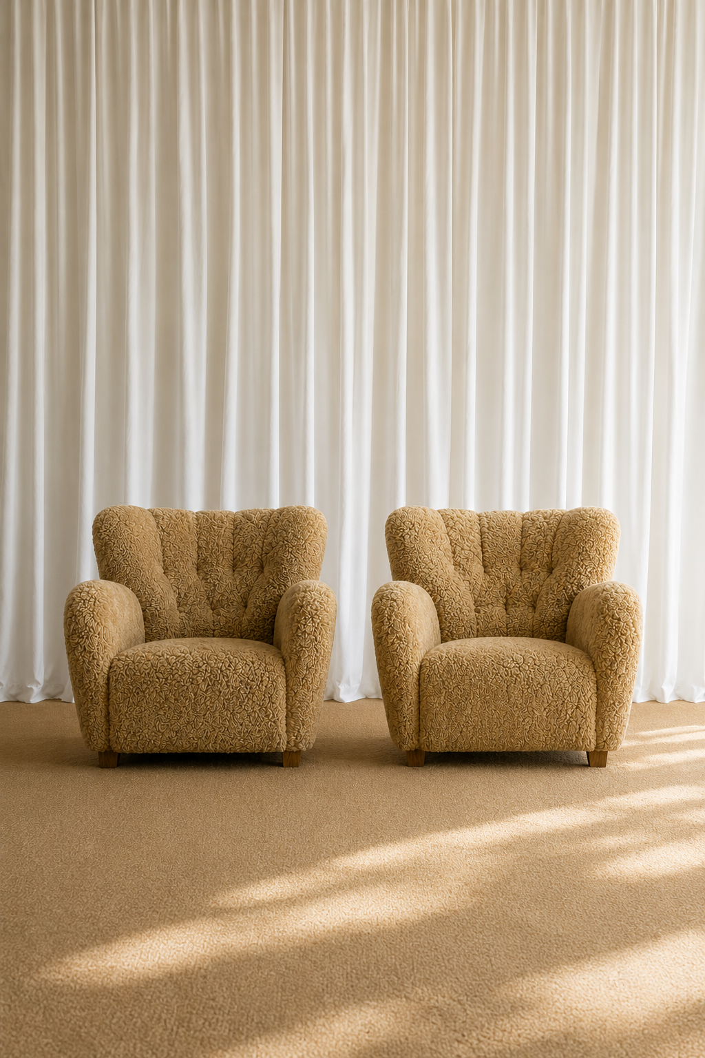 Finnish Modern, Organic Lounge Chairs, Shearling, Wood, Finland, 1940s