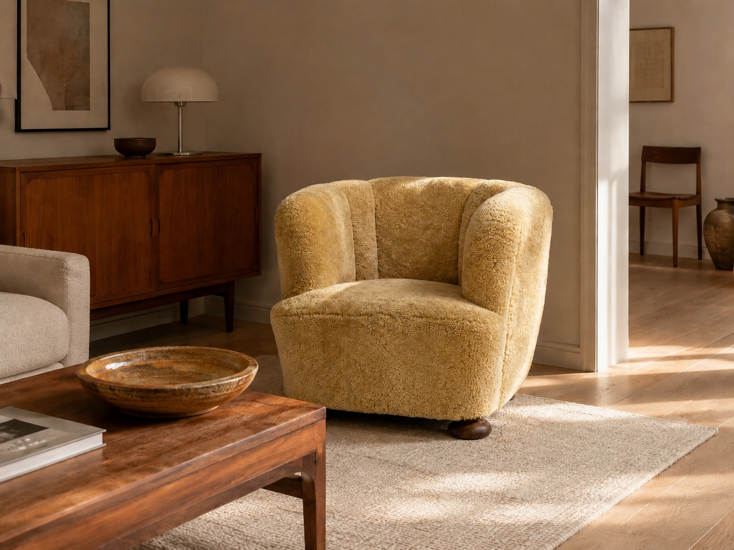 Danish Modern, Banana Style Tub Chair, Beech, Honey Sheepskin, Denmark, 1930s