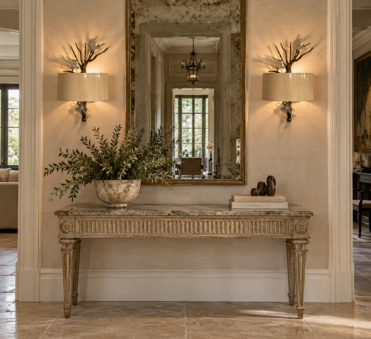 Brutalist Modern, Hammered Bronze, Crystal, Linen, Bird Wall Sconces, 21st C.