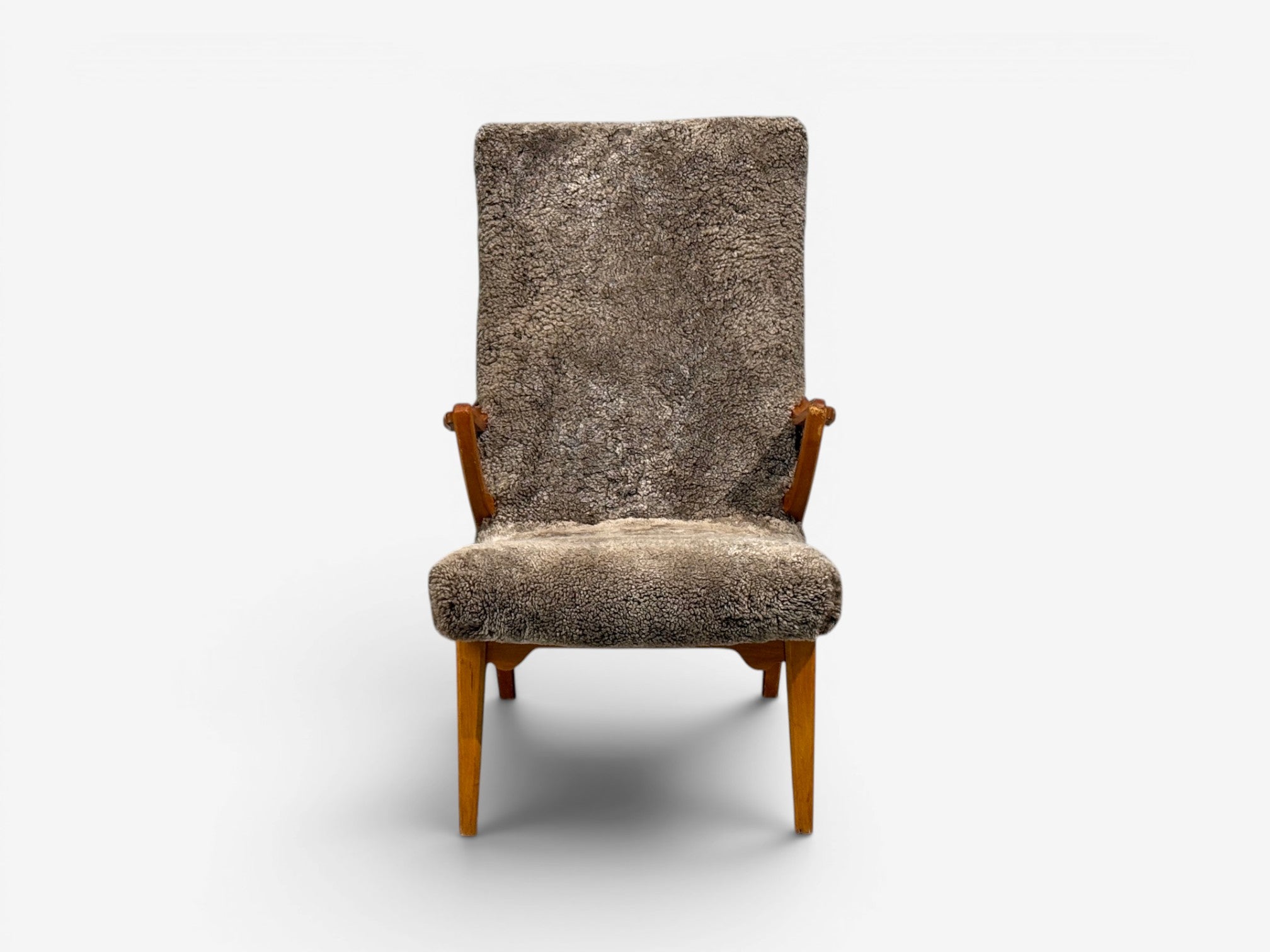 JIO Möbler, Chaise Lounge, Gray Shearling, Elm, Sweden, 1960s