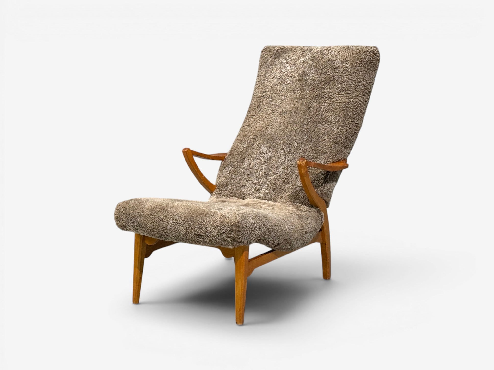 JIO Möbler, Chaise Lounge, Gray Shearling, Elm, Sweden, 1960s