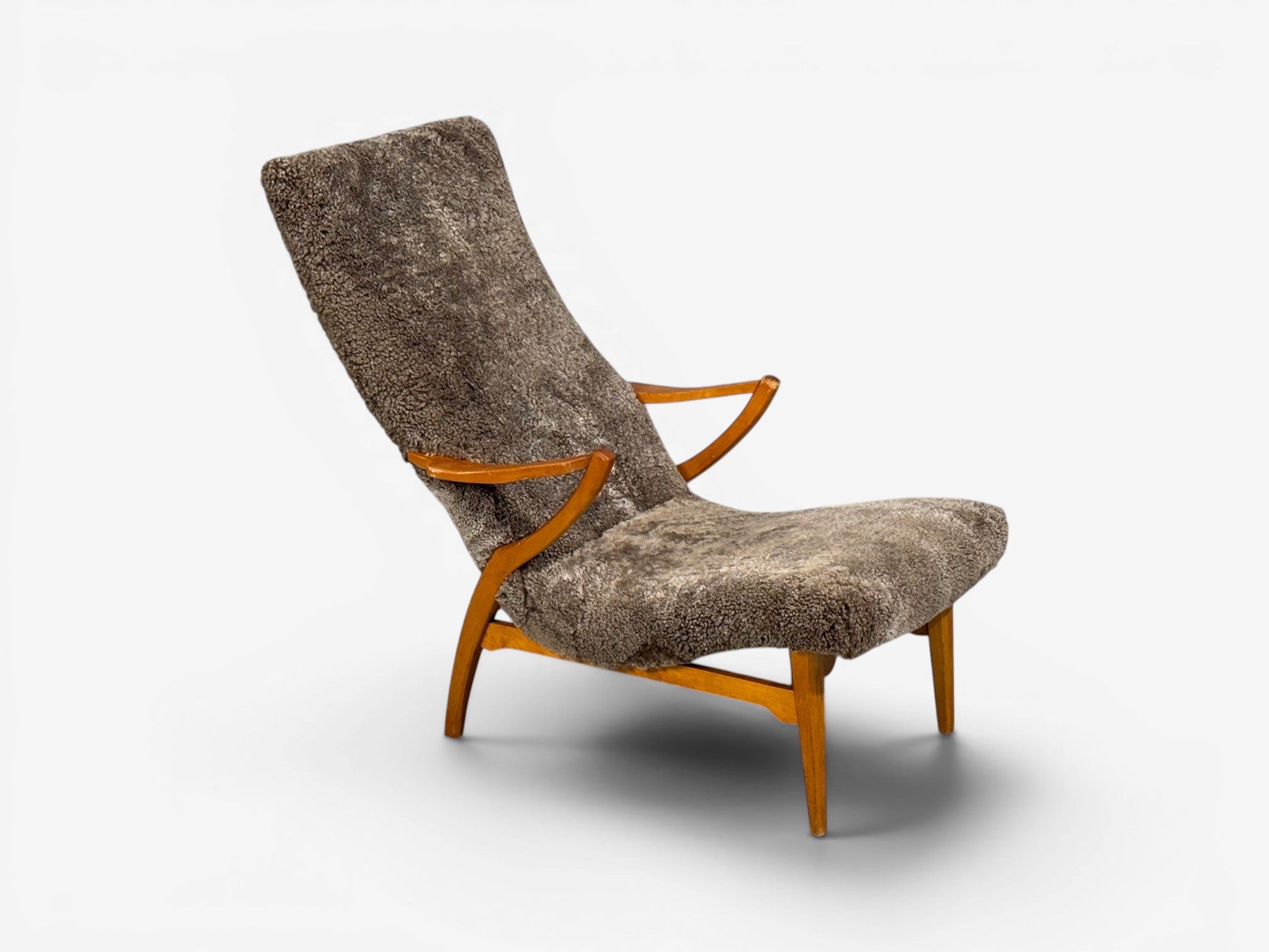 JIO Möbler, Chaise Lounge, Gray Shearling, Elm, Sweden, 1960s