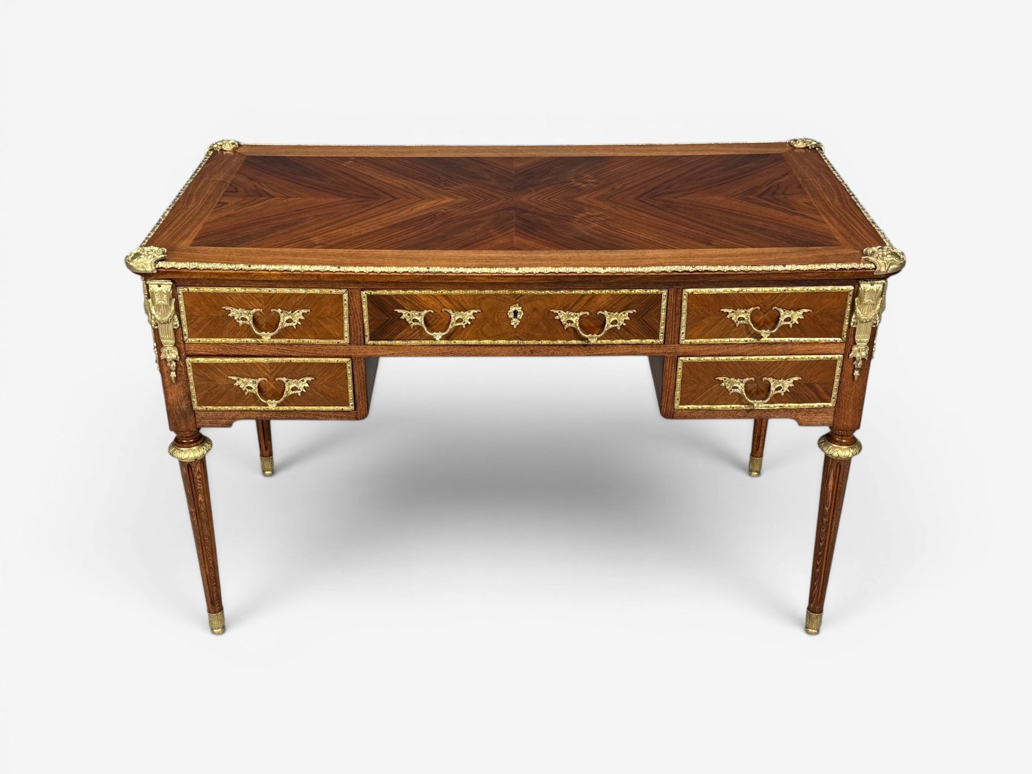 Louis XVI Style, Writing Desk, Bookmatched Walnut, Bronze, France, 1920s