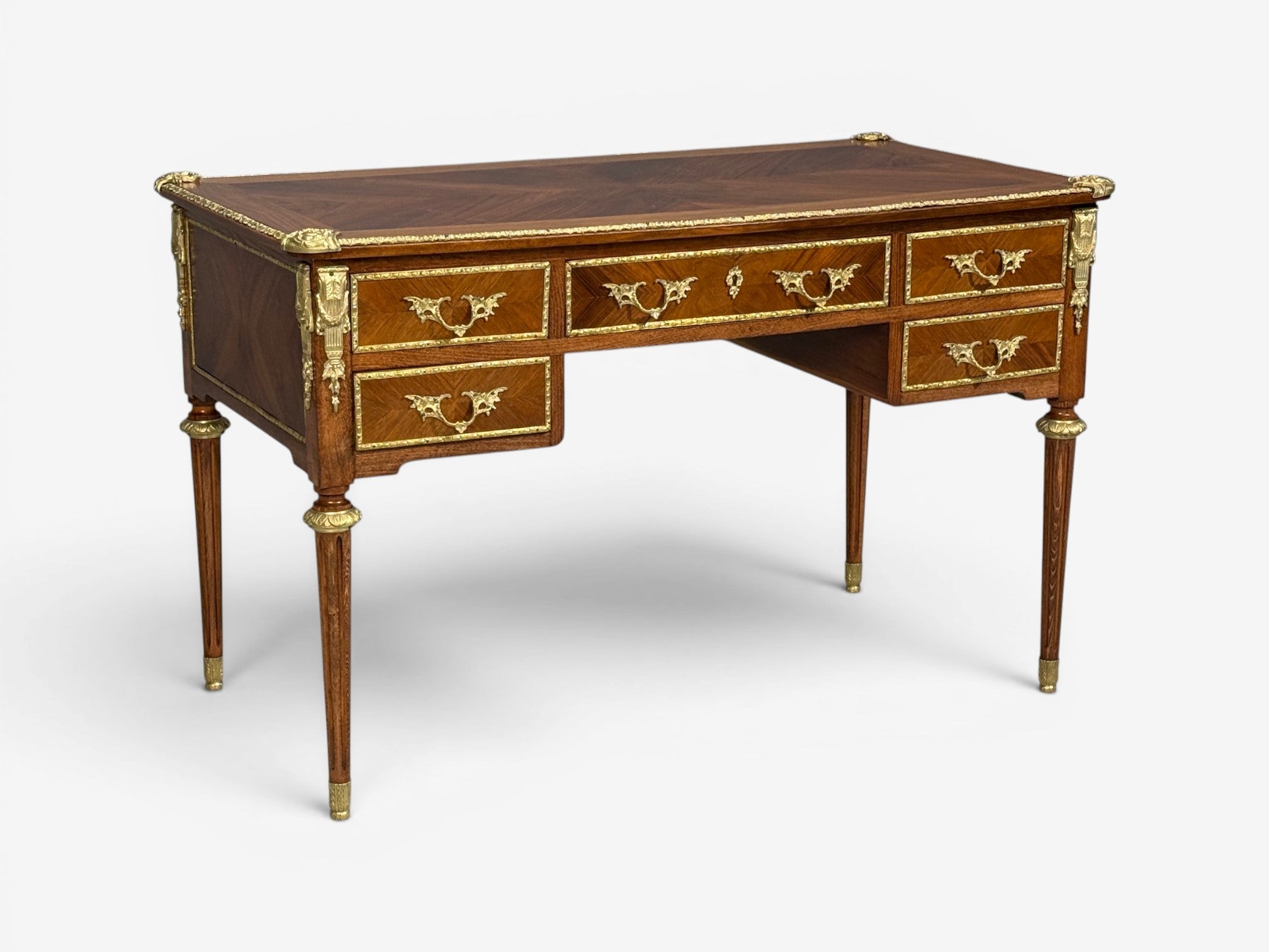 Louis XVI Style, Writing Desk, Bookmatched Walnut, Bronze, France, 1920s