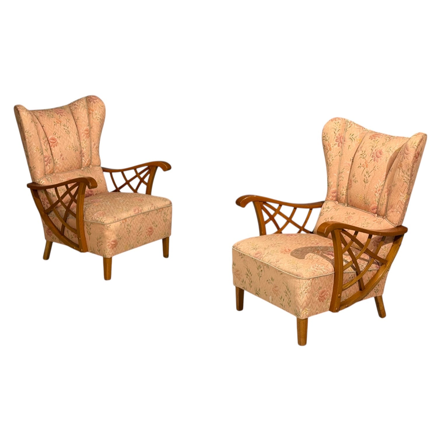 Swedish Modern, Lounge Chairs, Braided Wood, Fabric, Sweden, 1930s