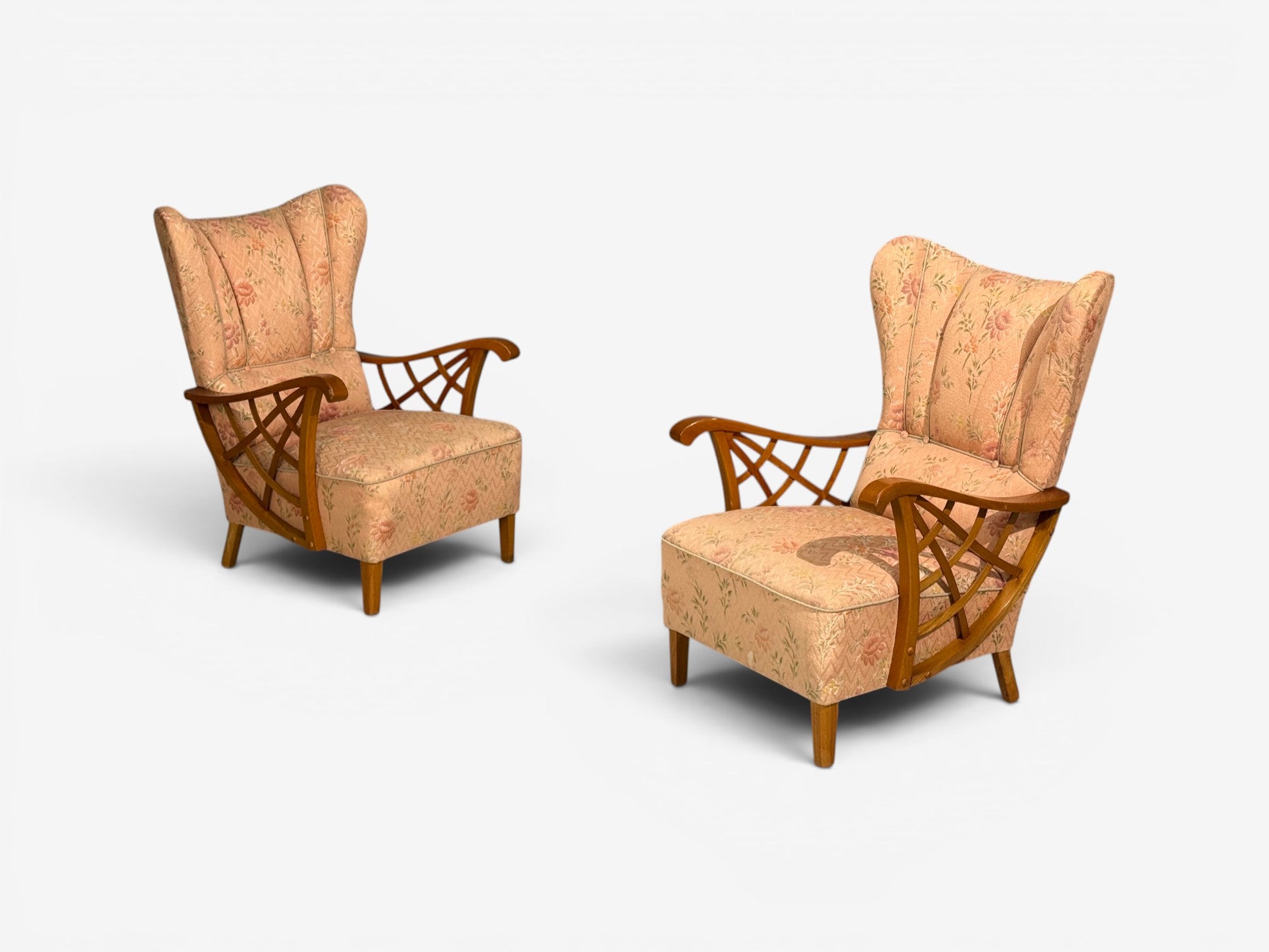 Swedish Modern, Lounge Chairs, Braided Wood, Fabric, Sweden, 1930s