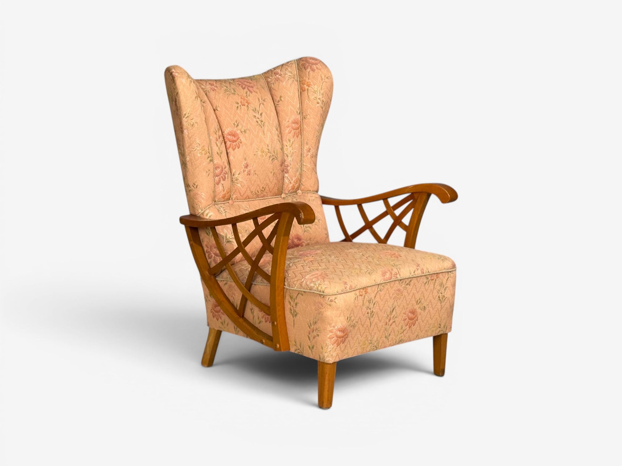 Swedish Modern, Lounge Chairs, Braided Wood, Fabric, Sweden, 1930s