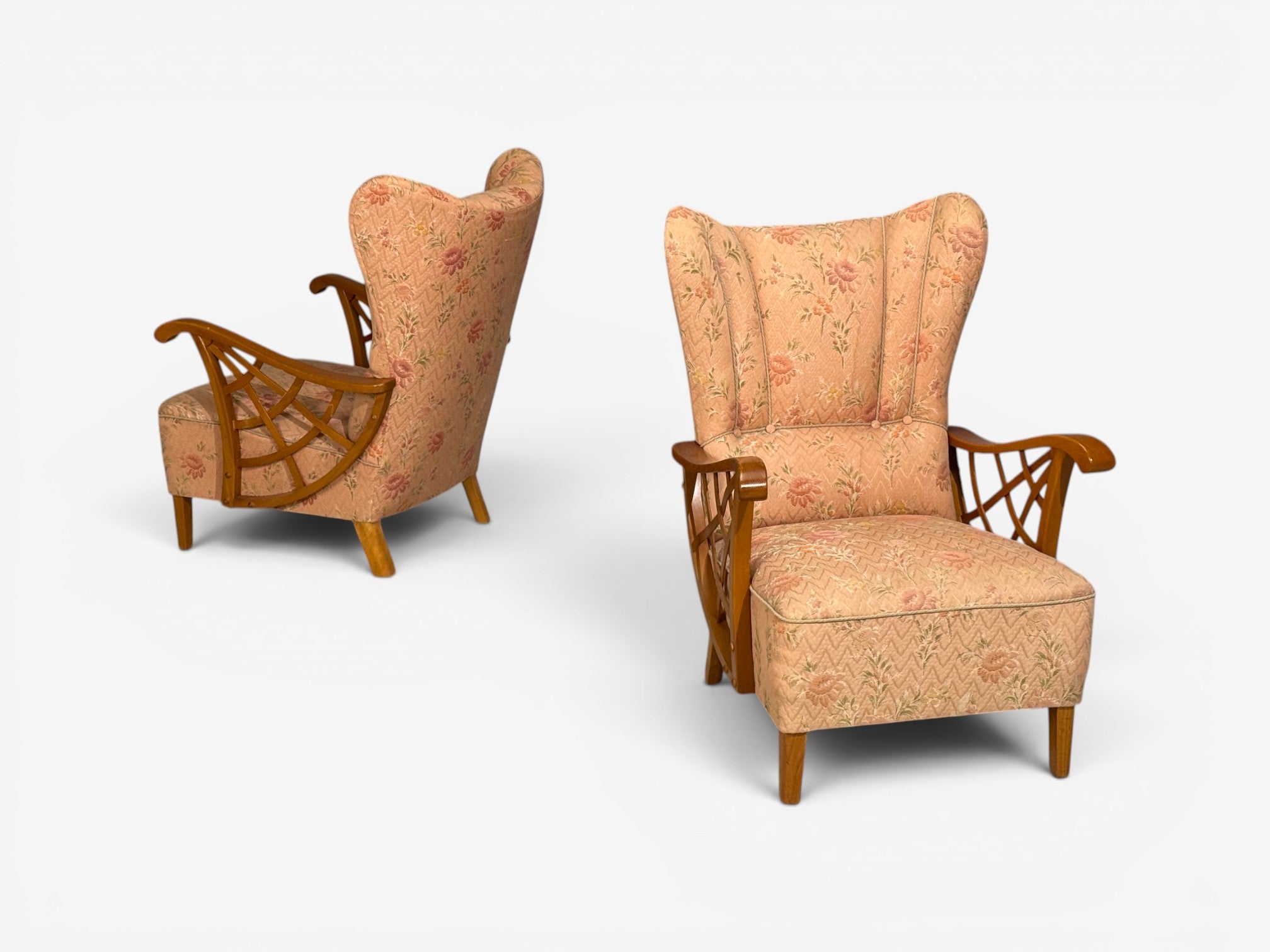 Swedish Modern, Lounge Chairs, Braided Wood, Fabric, Sweden, 1930s