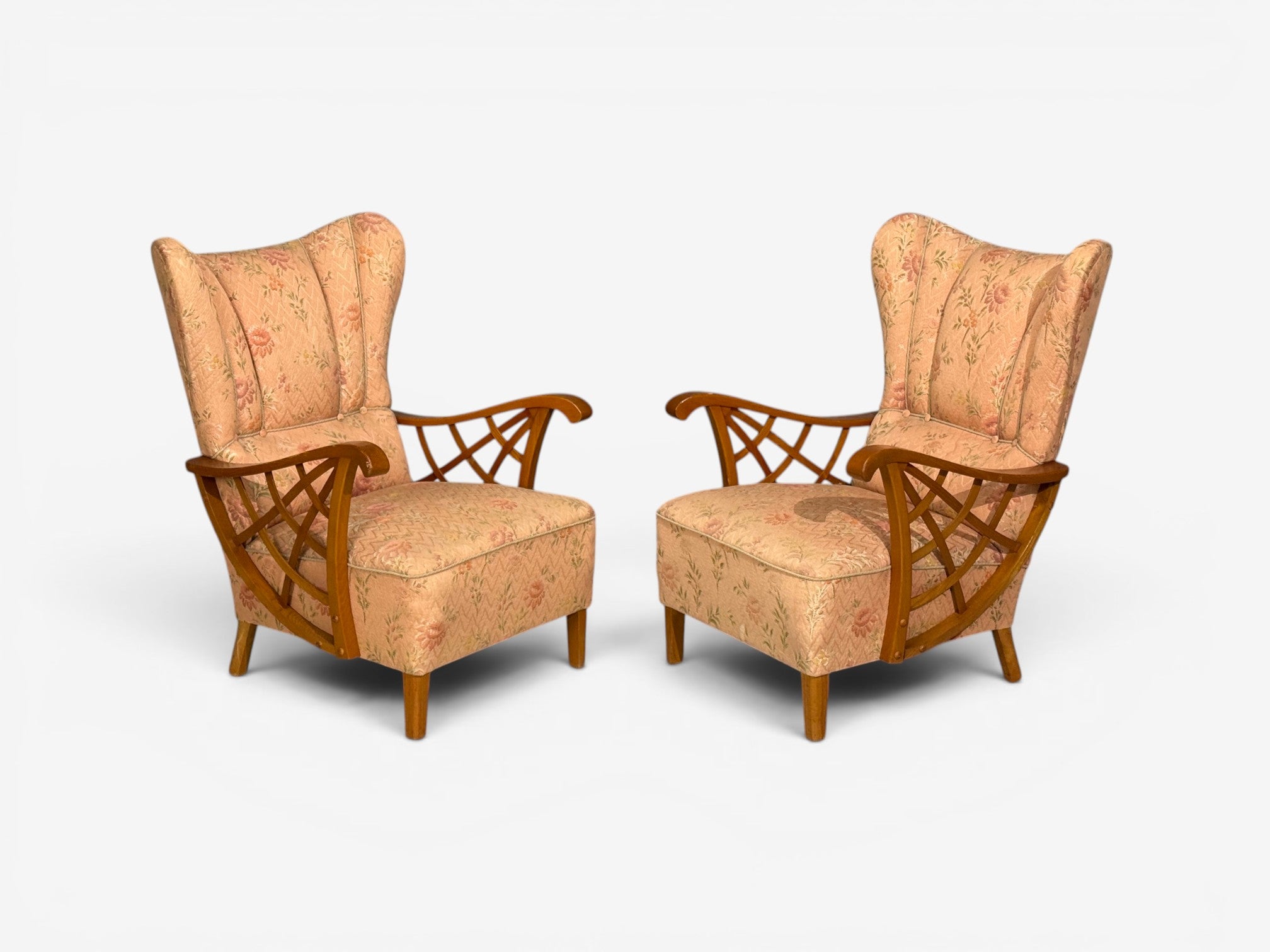 Swedish Modern, Lounge Chairs, Braided Wood, Fabric, Sweden, 1930s