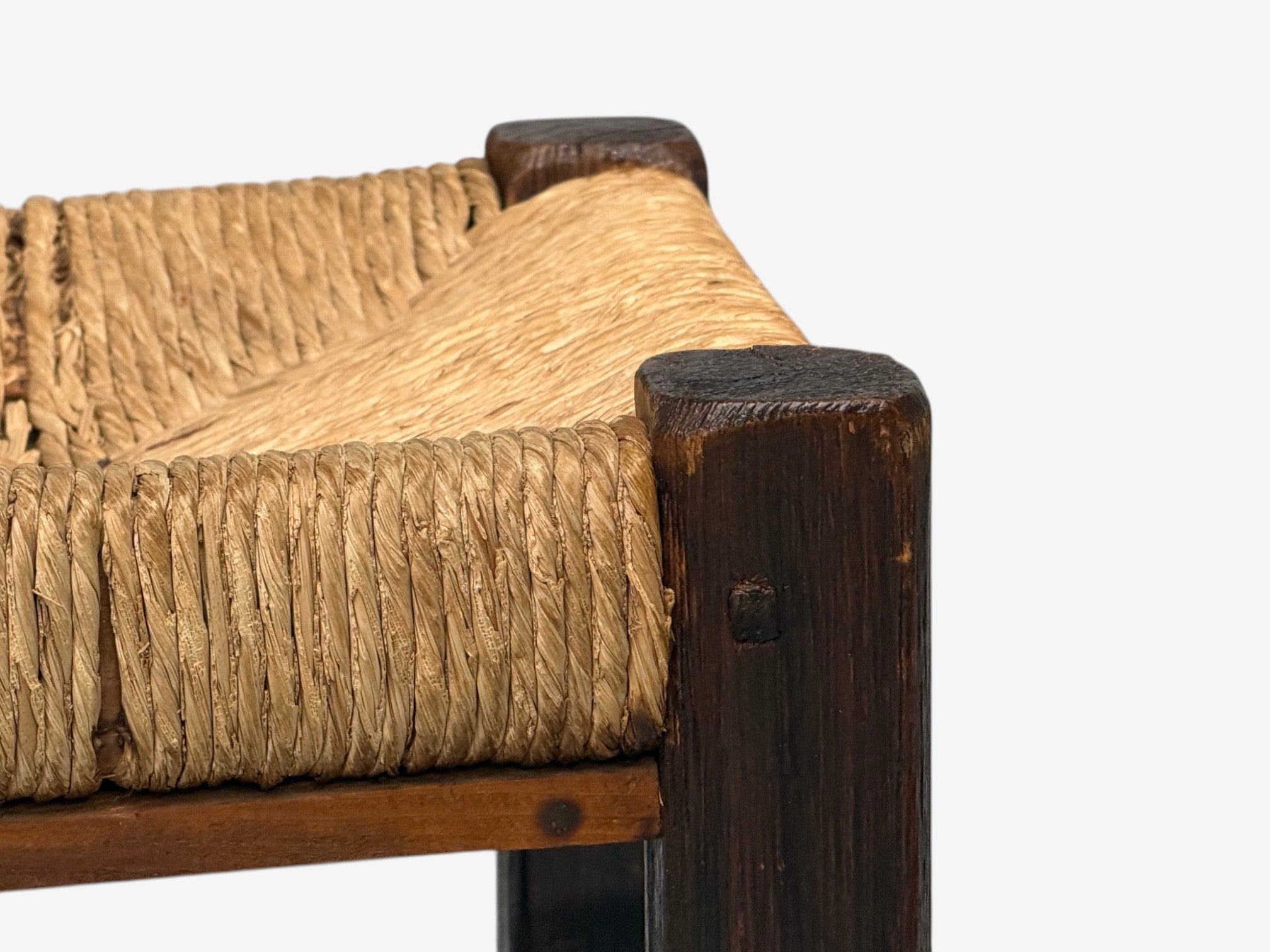 Charlotte Perriand Style, Six Brutalist Dining Chairs, Wood, Straw, France, 1960s