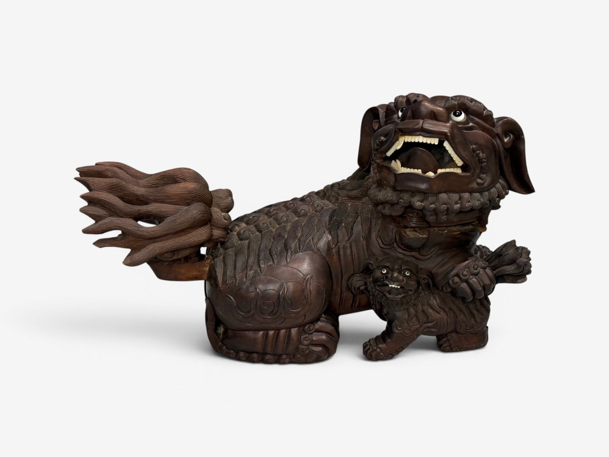 Chinese Export, Opposing Foo Dogs, Solid Teakwood, Glass, China, 19th c.