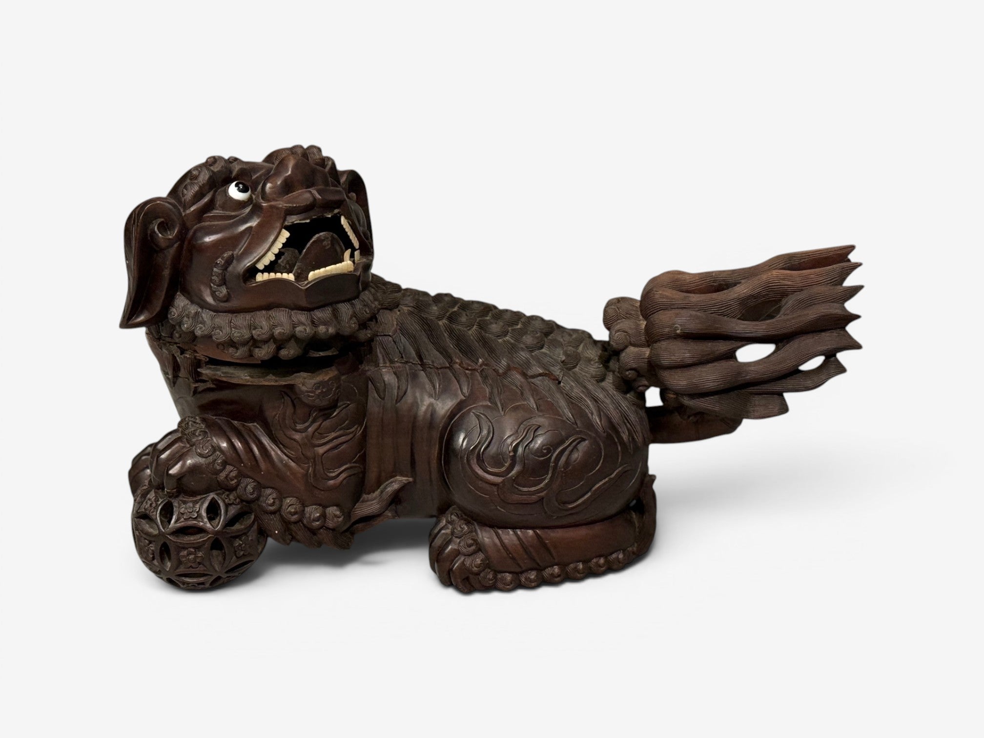 Chinese Export, Opposing Foo Dogs, Solid Teakwood, Glass, China, 19th c.