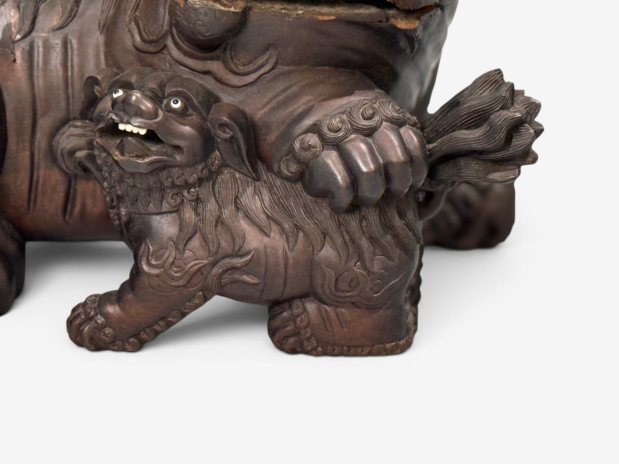 Chinese Export, Opposing Foo Dogs, Solid Teakwood, Glass, China, 19th c.