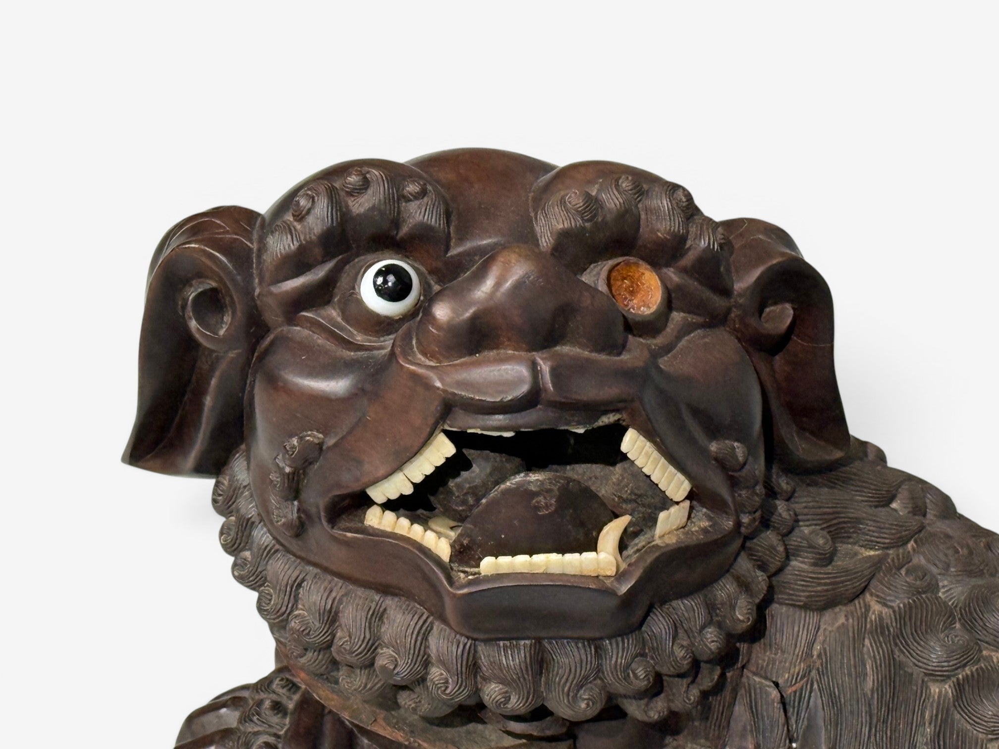 Chinese Export, Opposing Foo Dogs, Solid Teakwood, Glass, China, 19th c.