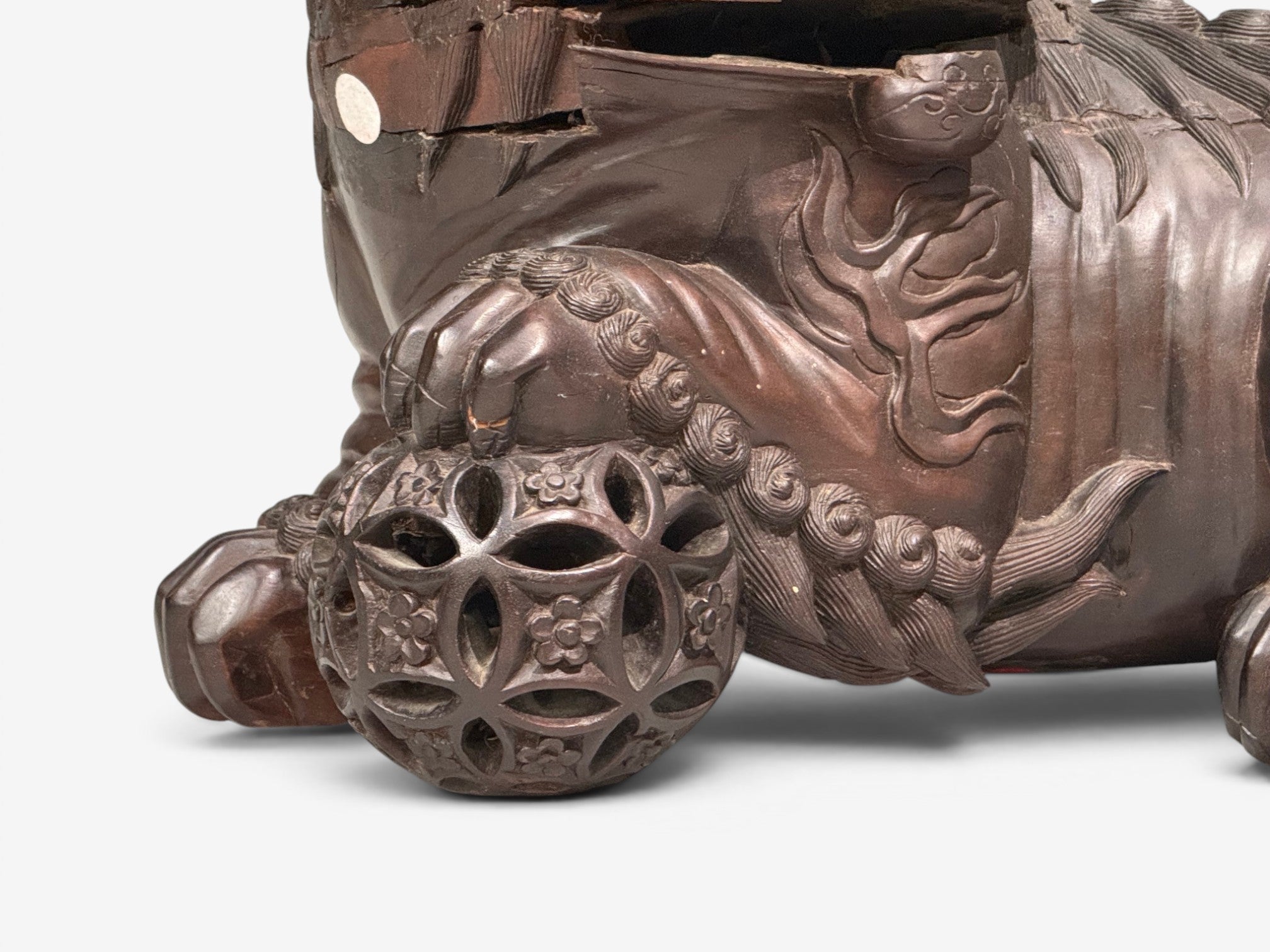 Chinese Export, Opposing Foo Dogs, Solid Teakwood, Glass, China, 19th c.