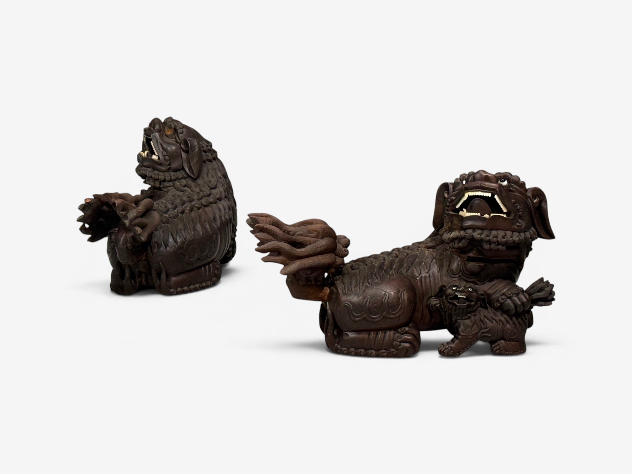 Chinese Export, Opposing Foo Dogs, Solid Teakwood, Glass, China, 19th c.