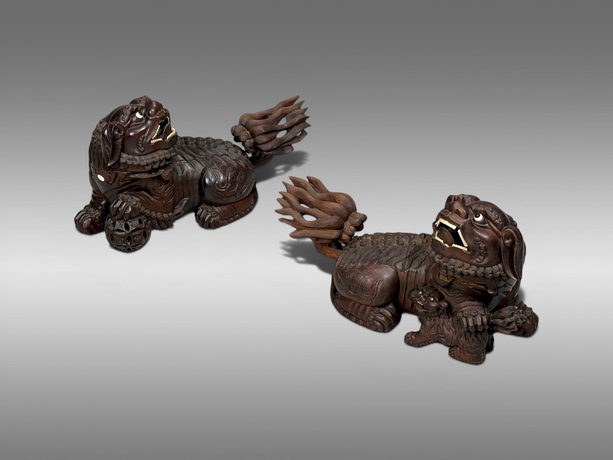 Chinese Export, Opposing Foo Dogs, Solid Teakwood, Glass, China, 19th c.