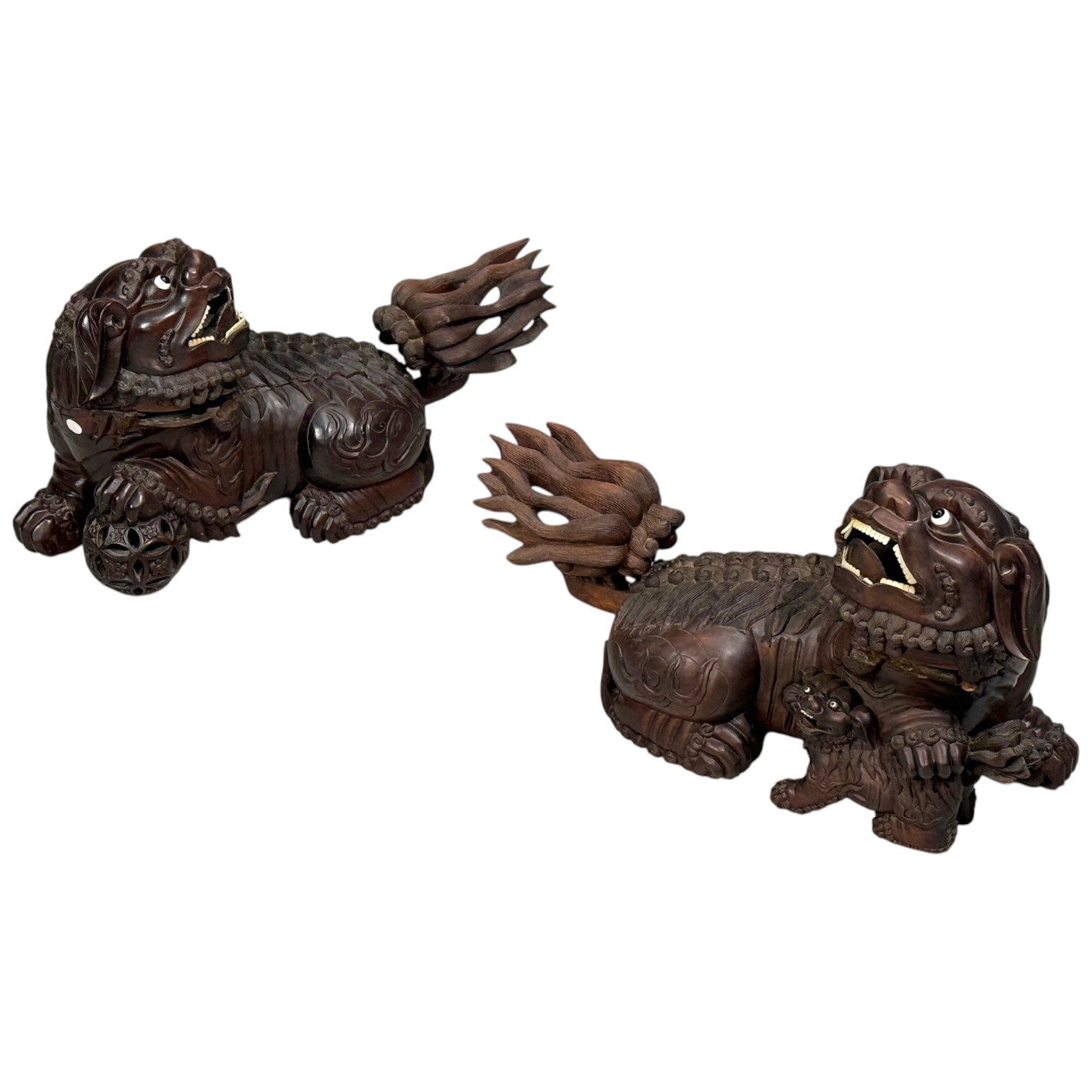 Chinese Export, Opposing Foo Dogs, Solid Teakwood, Glass, China, 19th c.