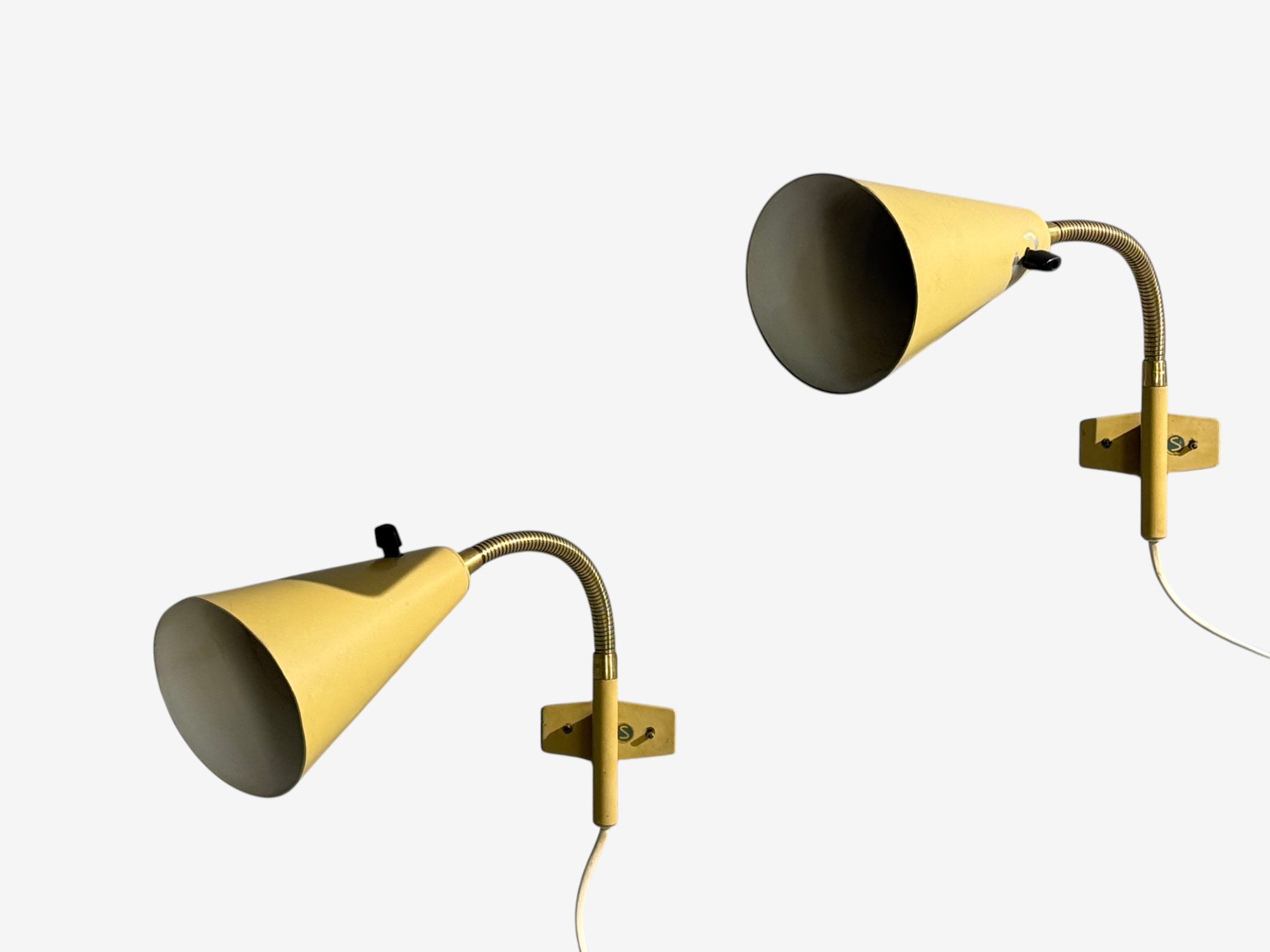 AJH, Adjustable Wall Sconces, Lacquered Metal, Brass, Sweden, 1950s