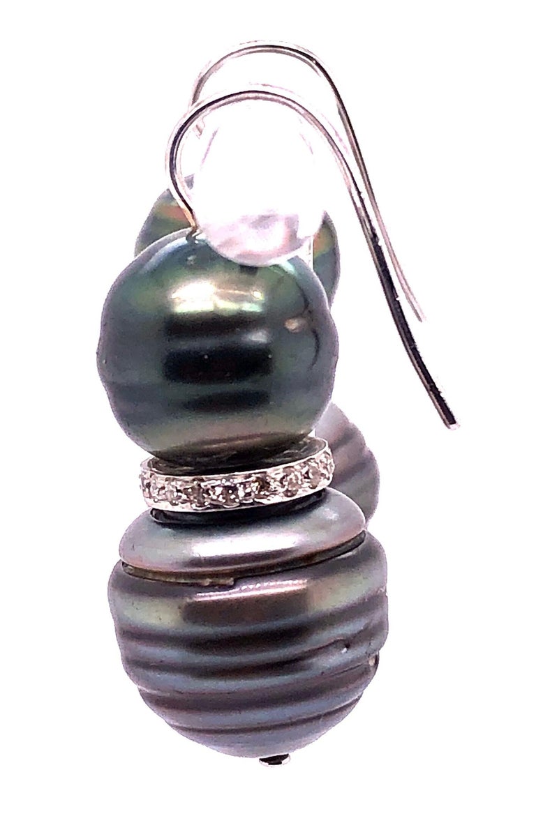 Double Black Baroque Pearl and Pave Diamond Drop Earrings