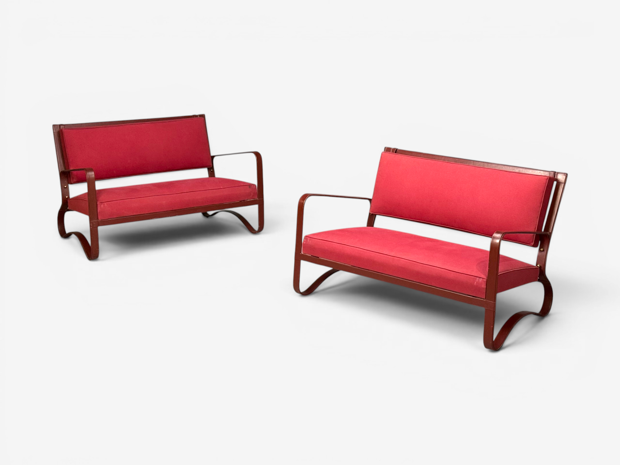 Jacques Adnet, Rare Two Seater Sofas, Leather, Steel, France, 1950s
