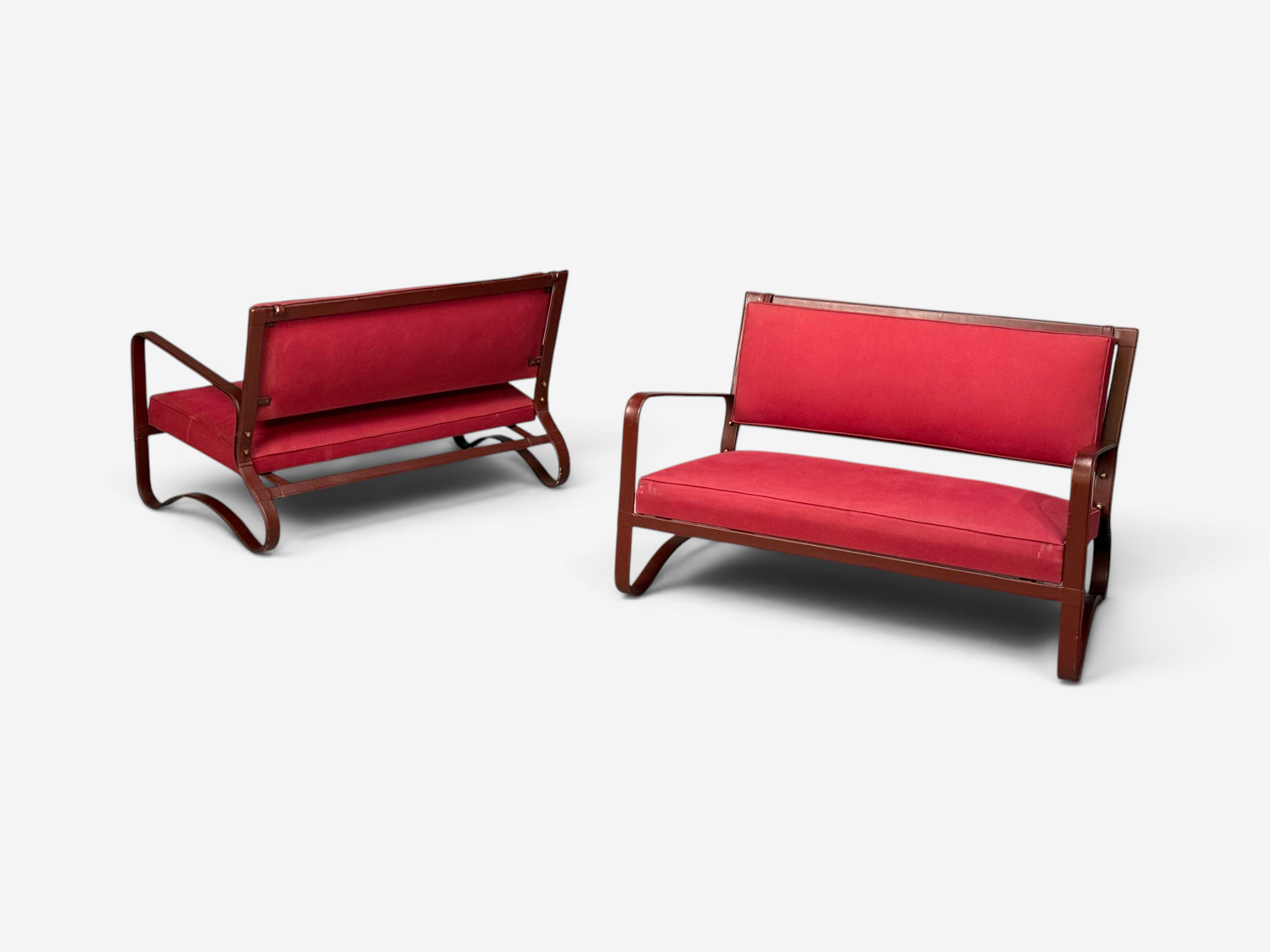 Jacques Adnet, Rare Two Seater Sofas, Leather, Steel, France, 1950s
